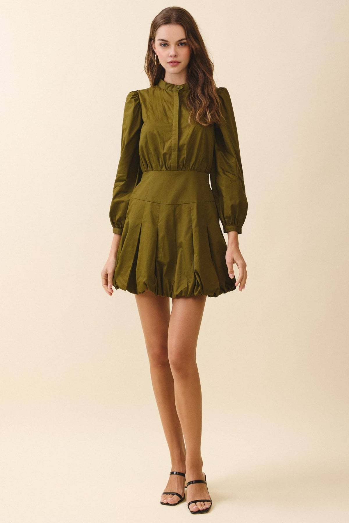 Mandarin Collar Covered Button Placket Mini Dress - LaRella