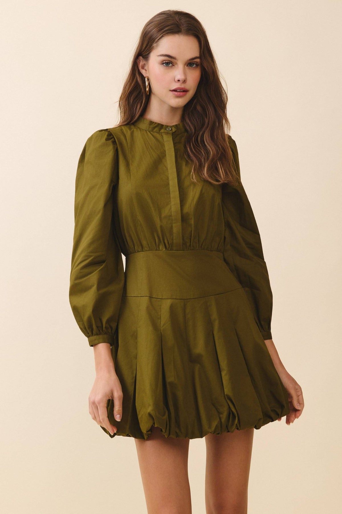 Mandarin Collar Covered Button Placket Mini Dress - LaRella