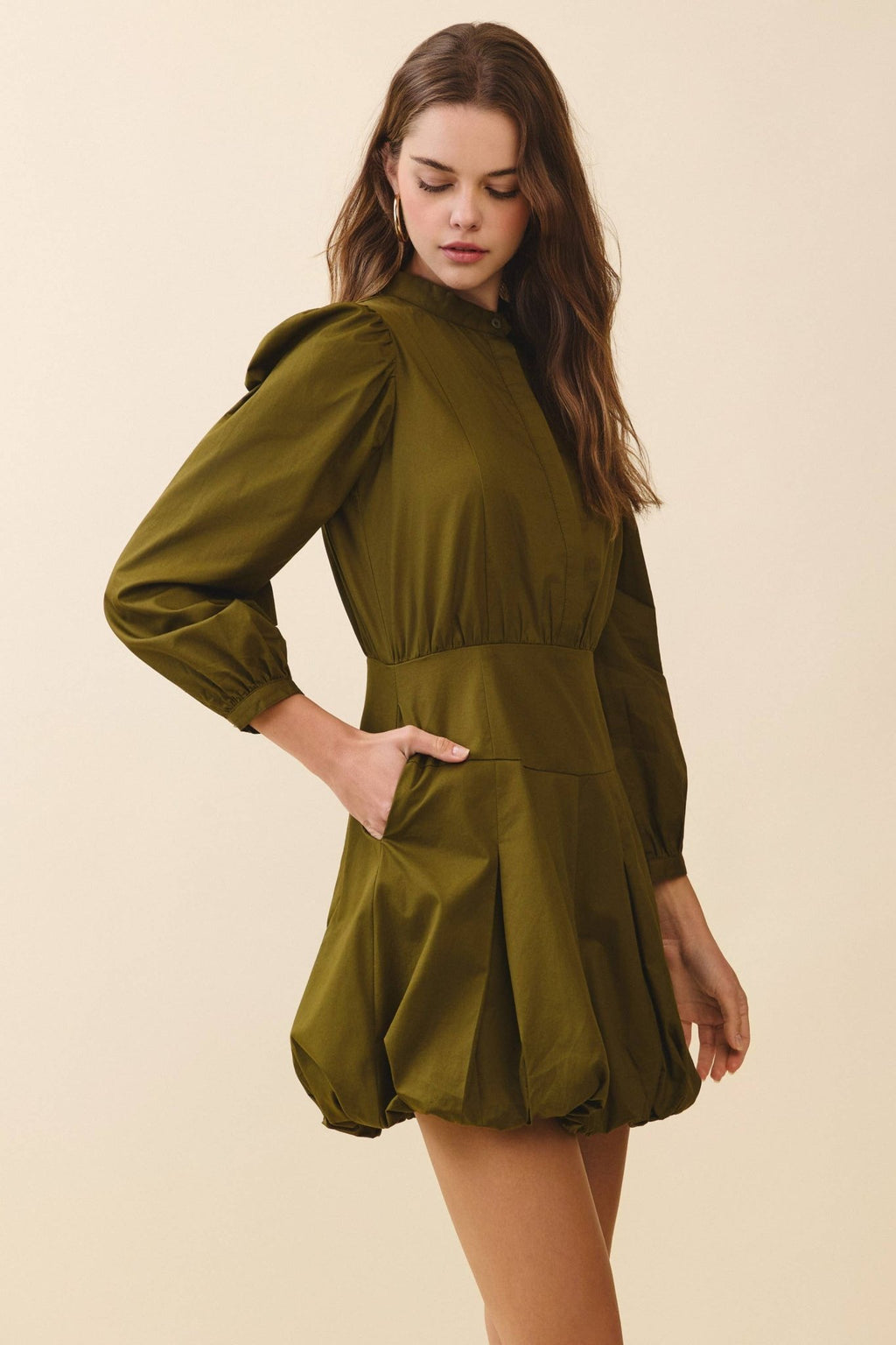 Mandarin Collar Covered Button Placket Mini Dress - LaRella