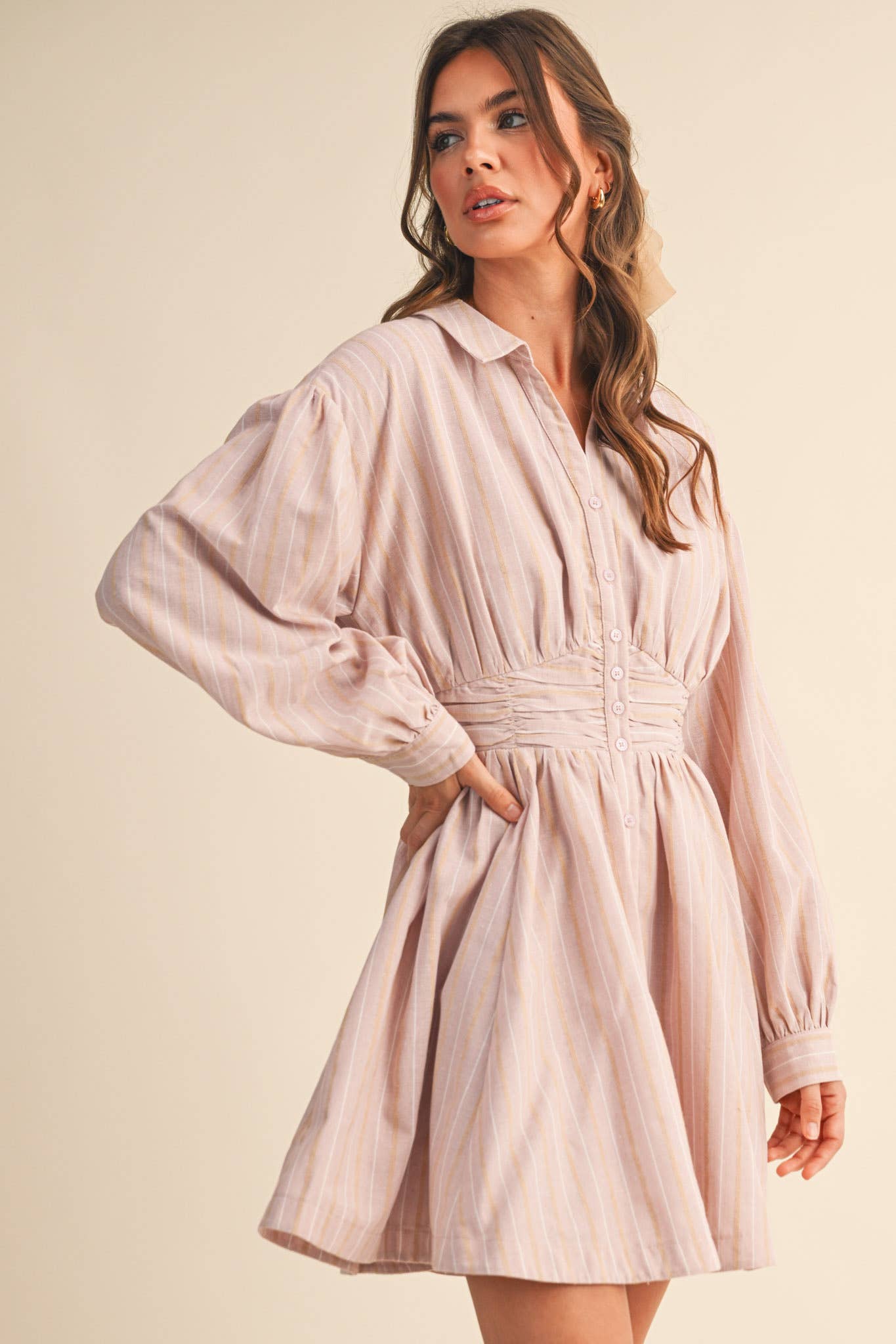 &MERCI - STRIPED BUTTON DOWN RUCHED WAIST MINI DRESS MDR4183 - LaRella