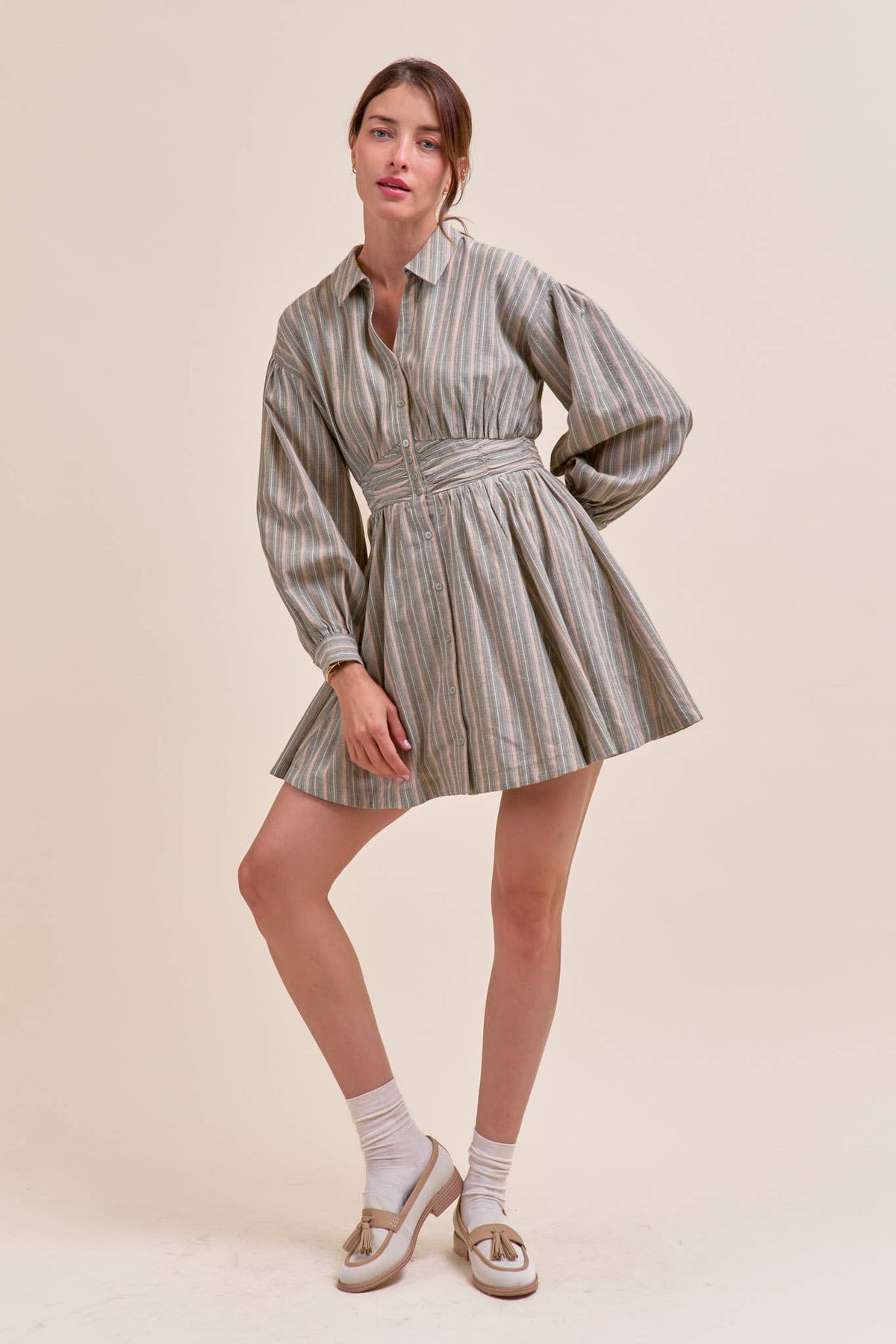&MERCI - STRIPED BUTTON DOWN RUCHED WAIST MINI DRESS MDR4183 - LaRella