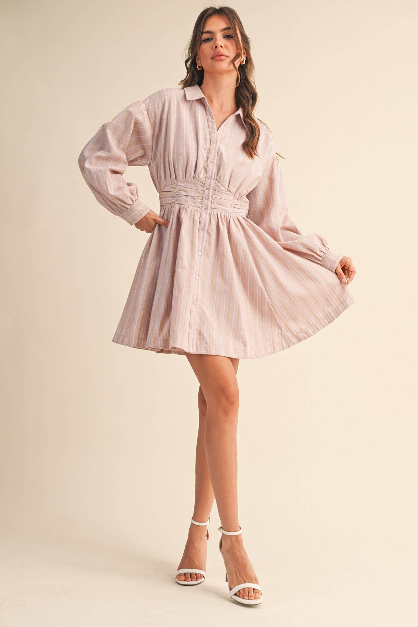&MERCI - STRIPED BUTTON DOWN RUCHED WAIST MINI DRESS MDR4183 - LaRella