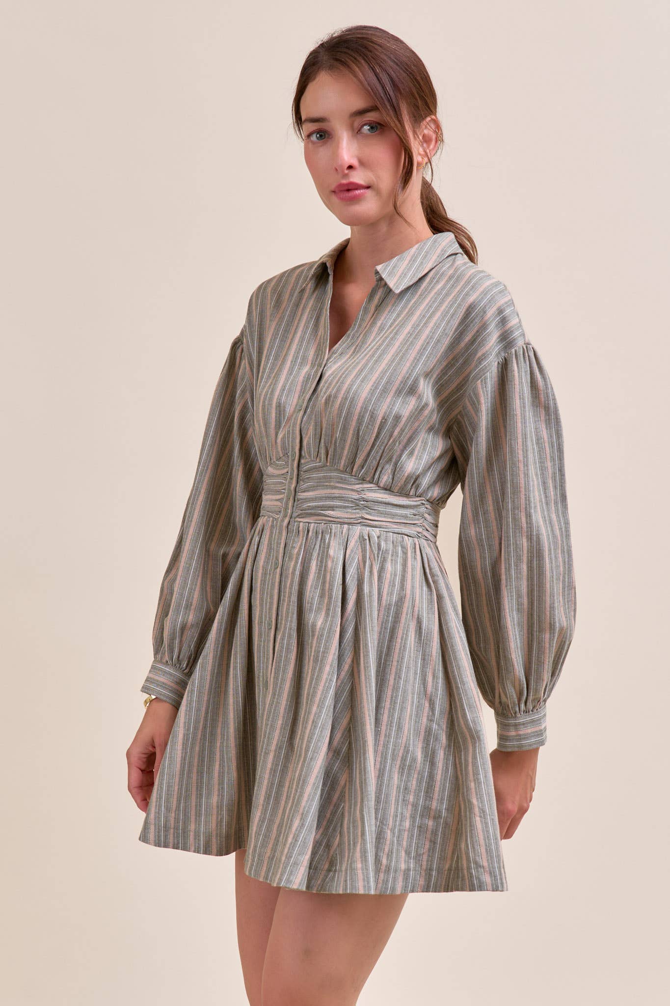 &MERCI - STRIPED BUTTON DOWN RUCHED WAIST MINI DRESS MDR4183 - LaRella
