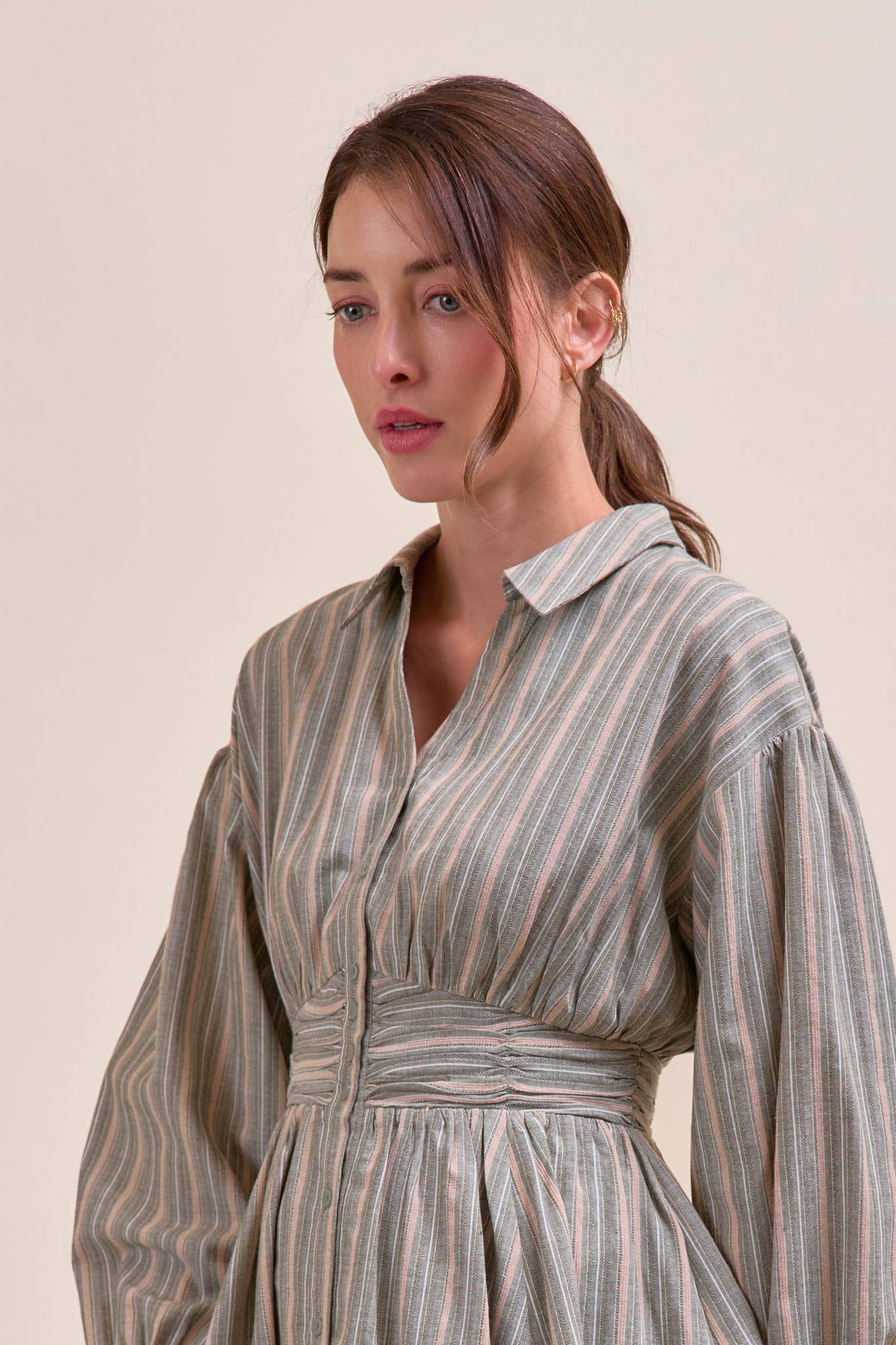 &MERCI - STRIPED BUTTON DOWN RUCHED WAIST MINI DRESS MDR4183 - LaRella