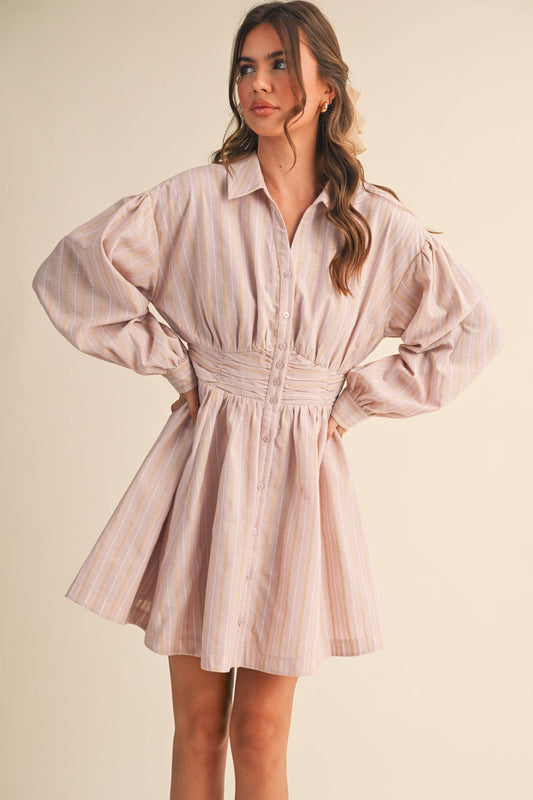 &MERCI - STRIPED BUTTON DOWN RUCHED WAIST MINI DRESS MDR4183 - LaRella