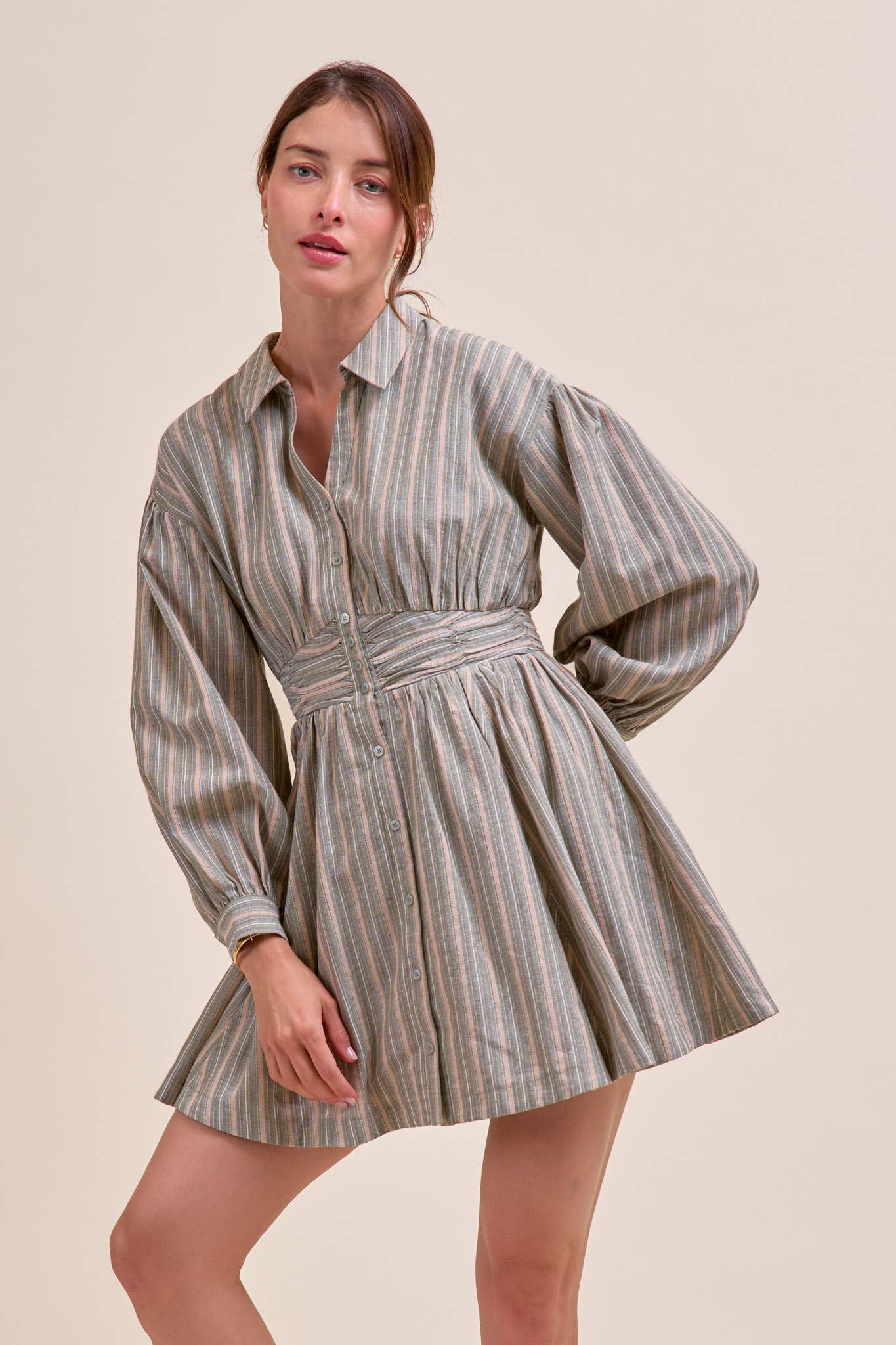 &MERCI - STRIPED BUTTON DOWN RUCHED WAIST MINI DRESS MDR4183 - LaRella