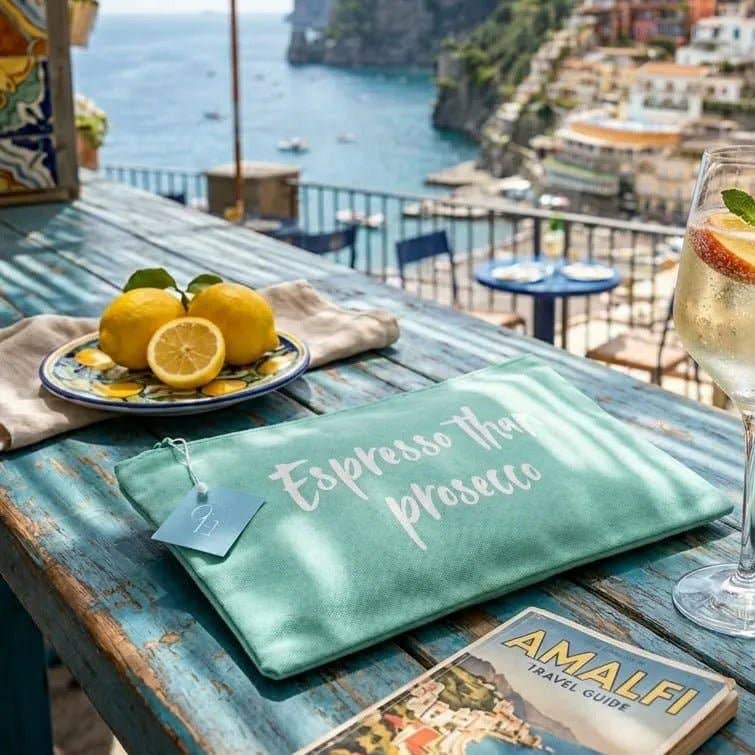 OE! - Espresso rather than prosecco, the aqua-green clutch - La Rella