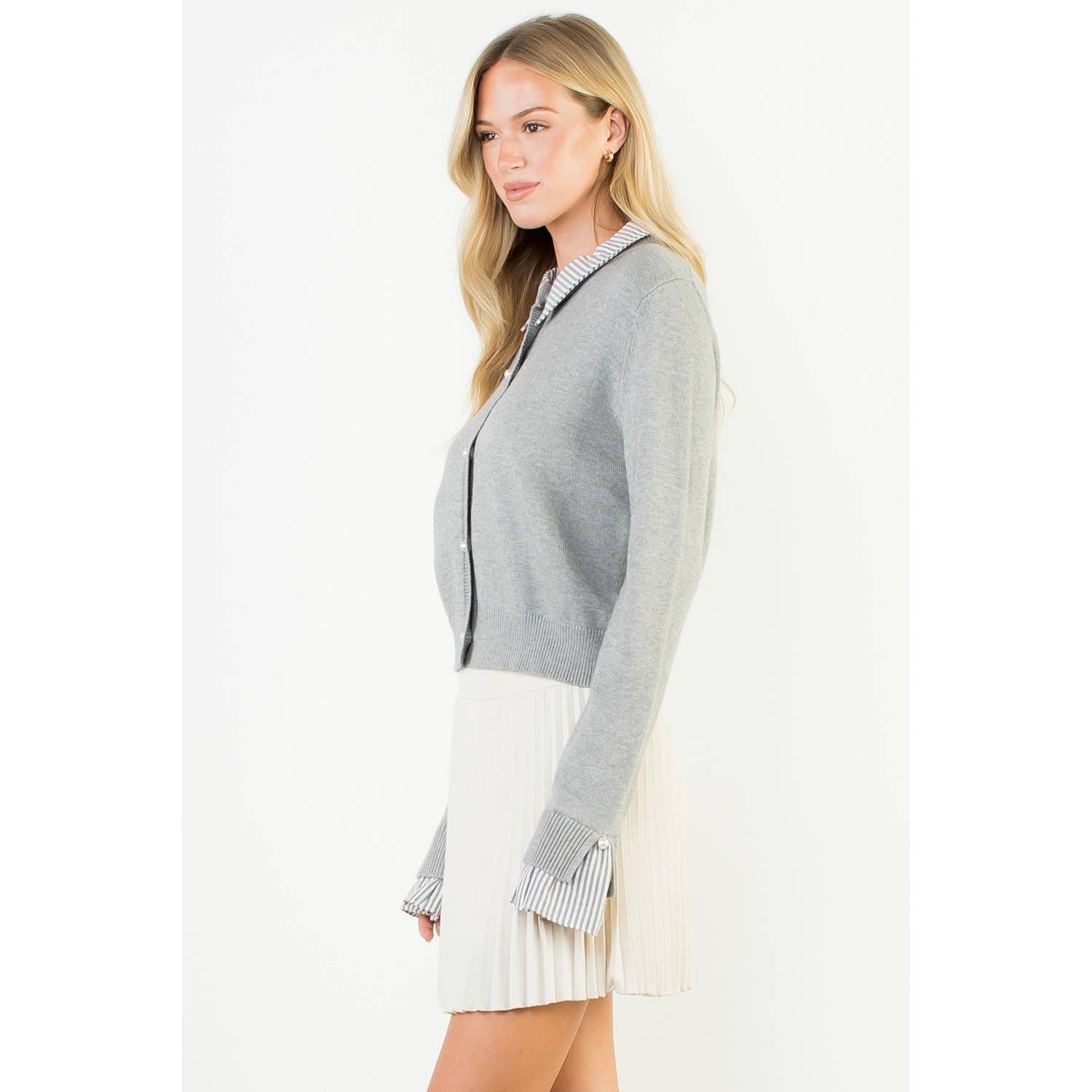 Pearl Button Mixed Media Collared Knit Top - LaRella