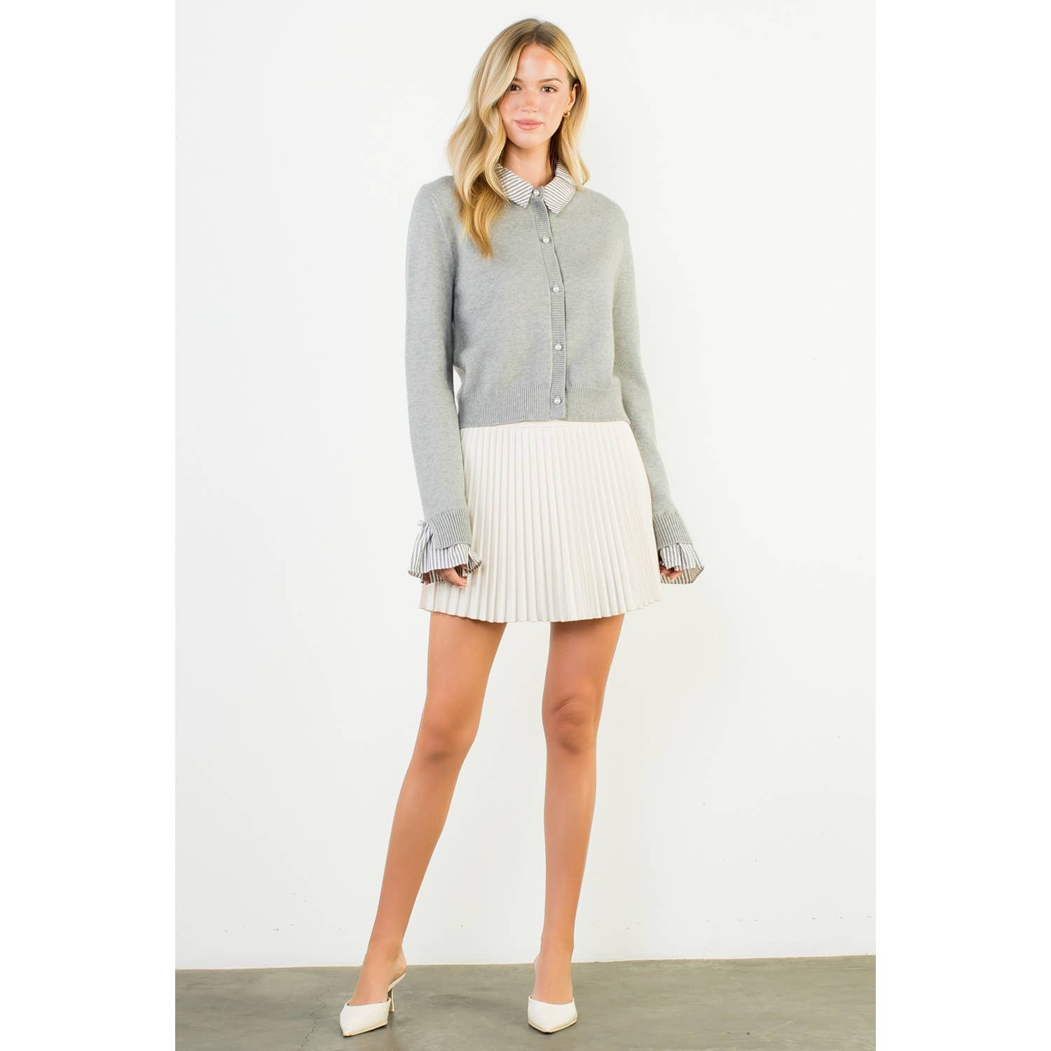 Pearl Button Mixed Media Collared Knit Top - LaRella