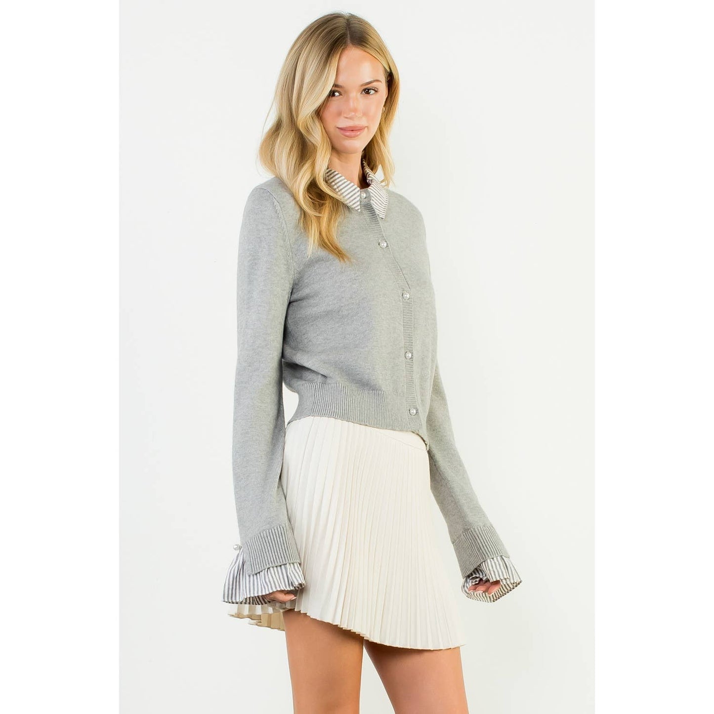 Pearl Button Mixed Media Collared Knit Top - LaRella