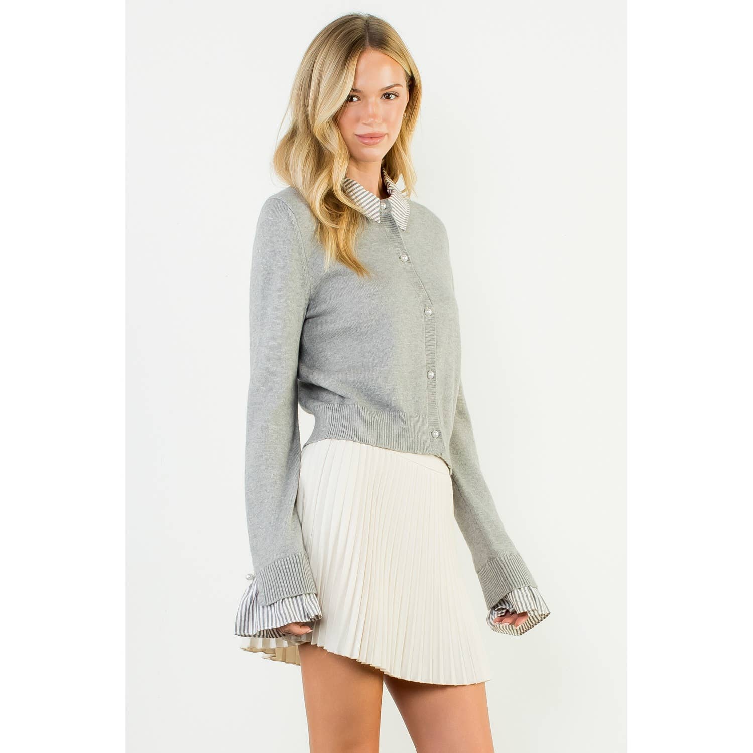 Pearl Button Mixed Media Collared Knit Top - LaRella