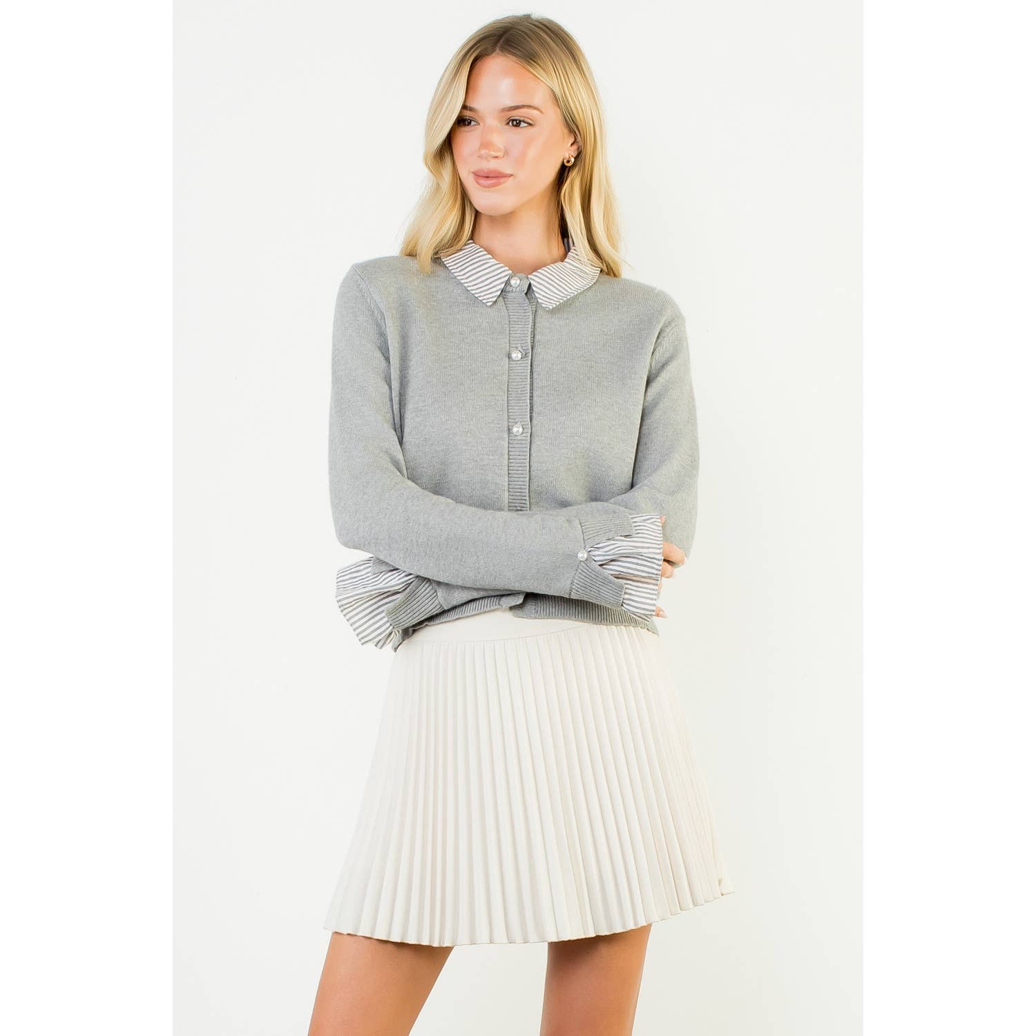 Pearl Button Mixed Media Collared Knit Top - LaRella