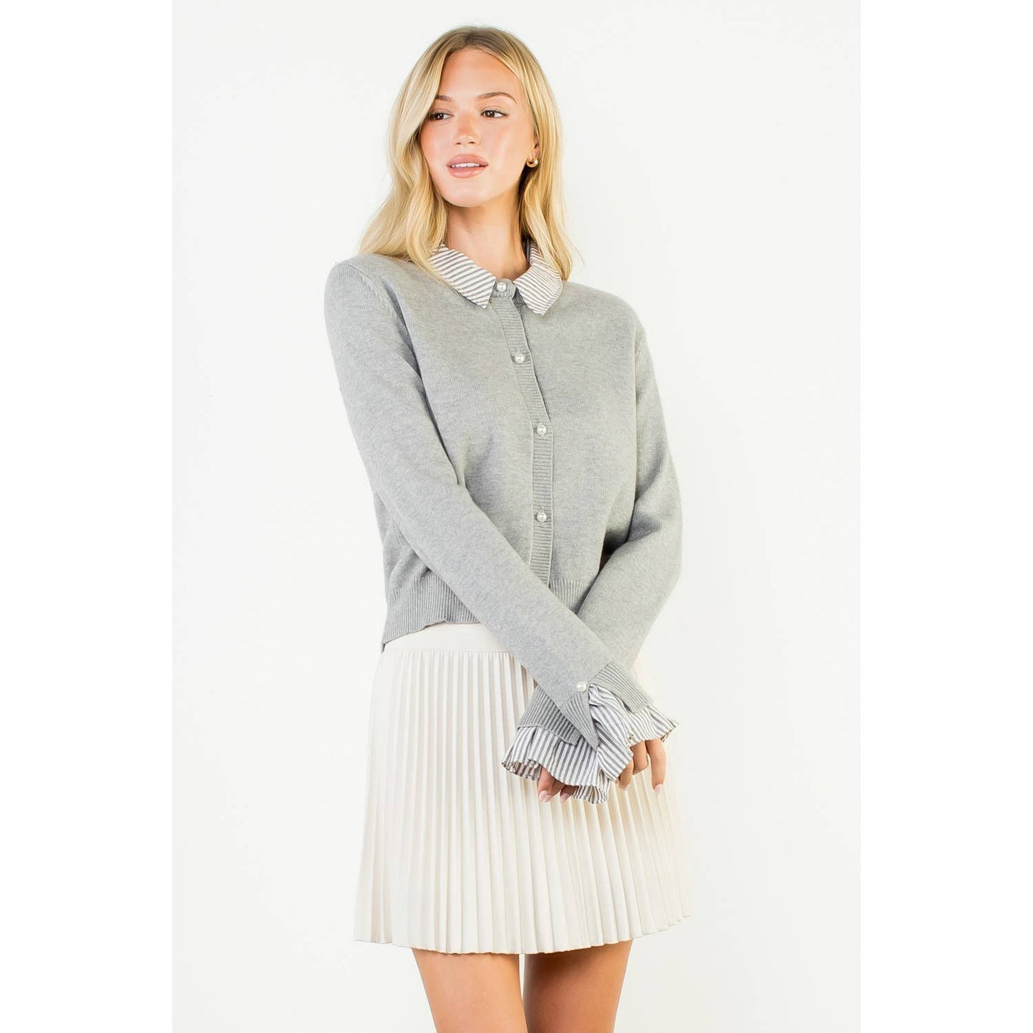 Pearl Button Mixed Media Collared Knit Top - LaRella