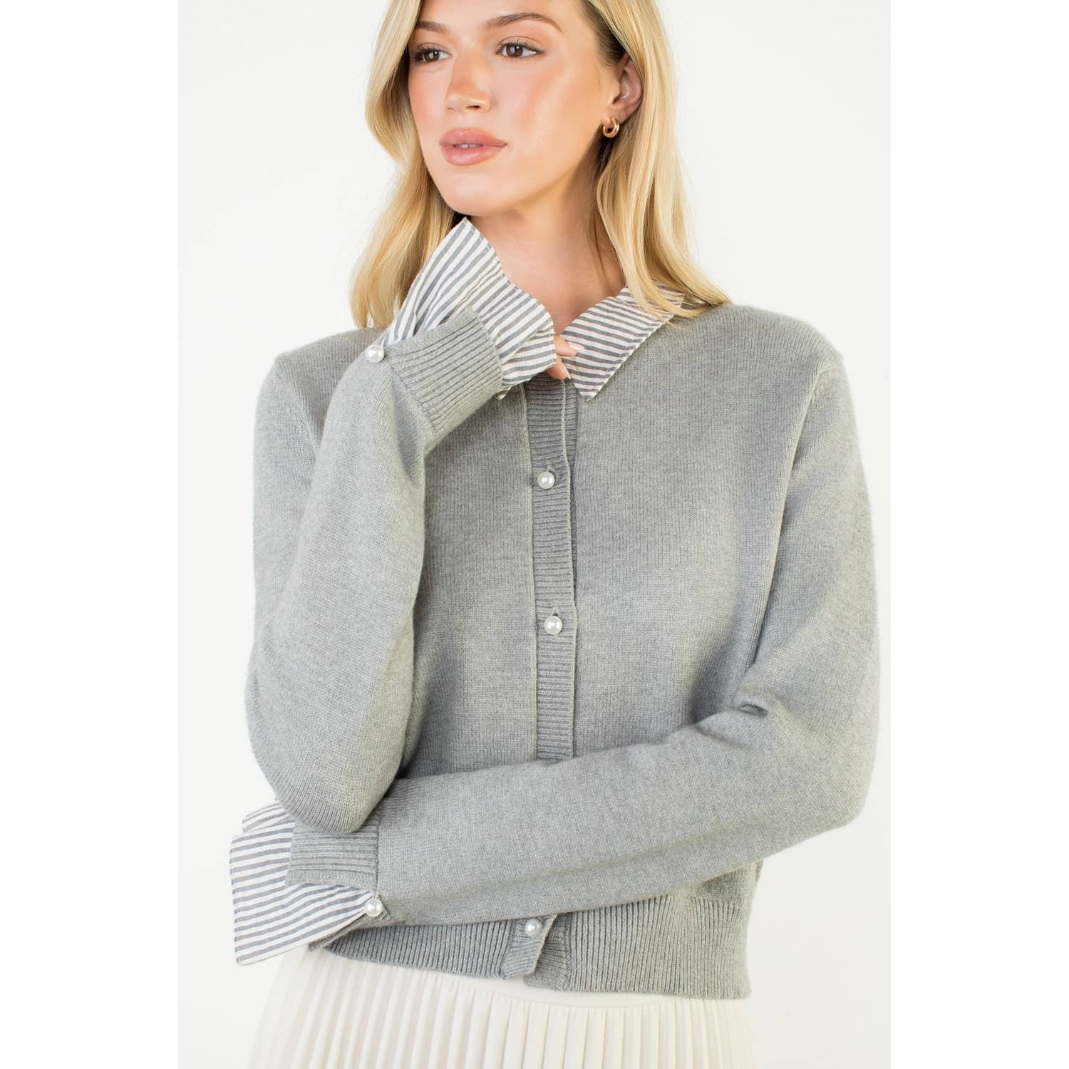Pearl Button Mixed Media Collared Knit Top - LaRella