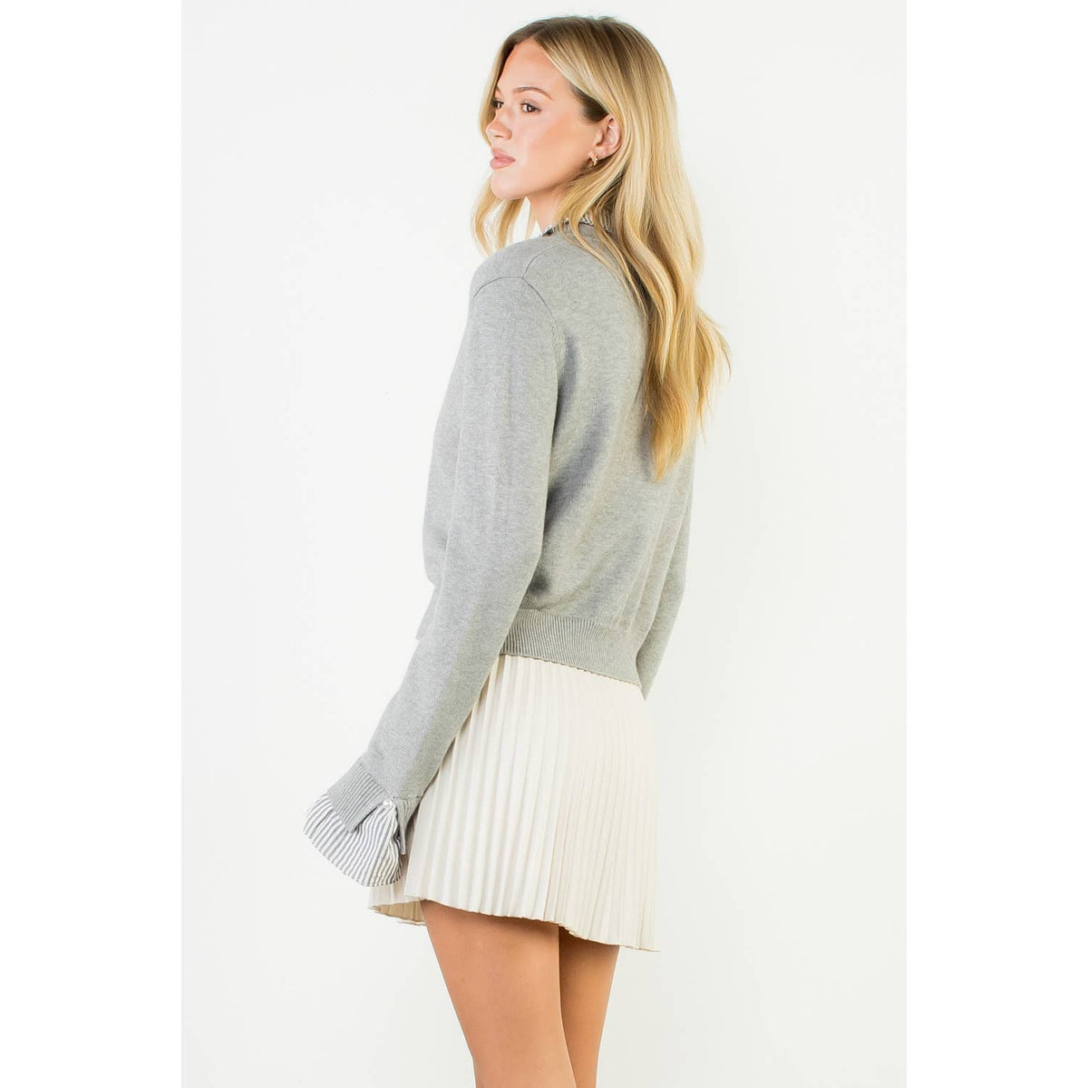 Pearl Button Mixed Media Collared Knit Top - LaRella
