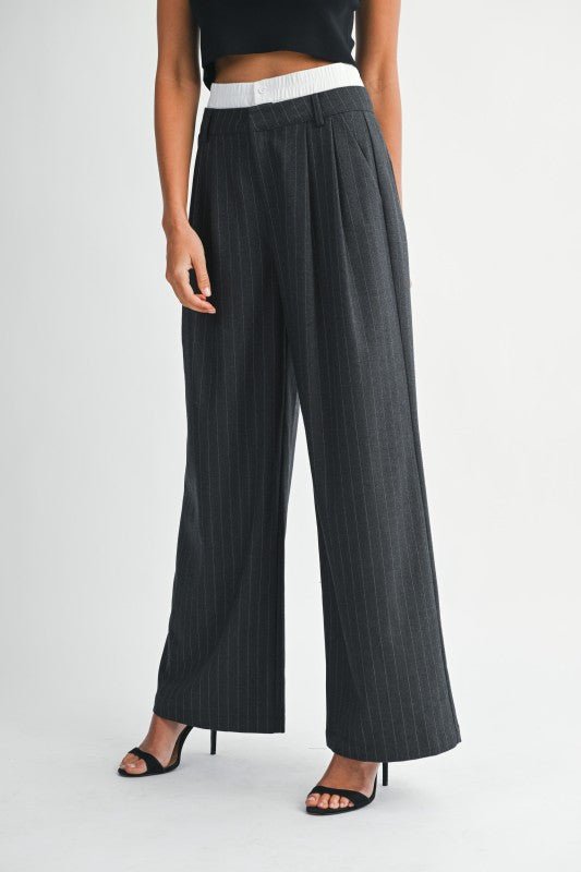 Pin Striped Wide Leg Pants With Elastic Waistband - LaRella
