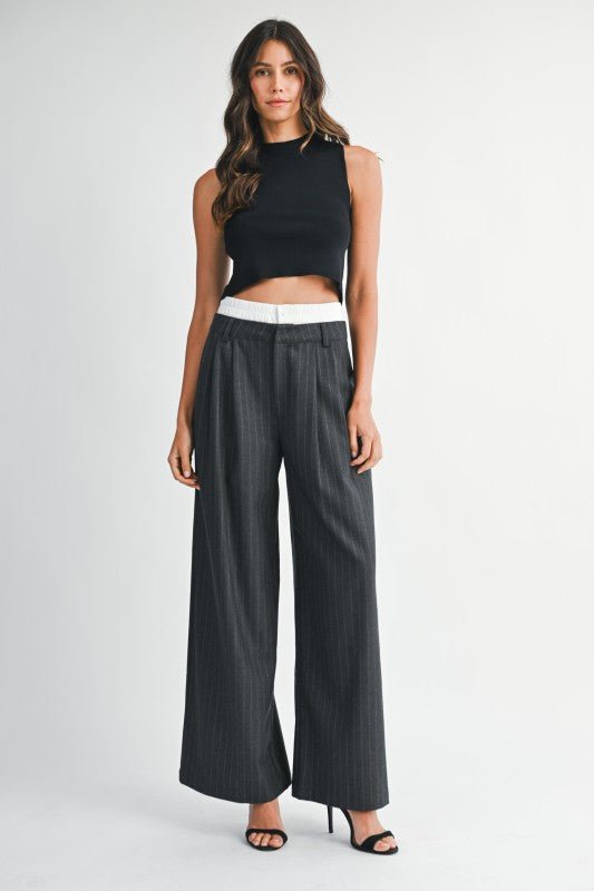 Pin Striped Wide Leg Pants With Elastic Waistband - LaRella