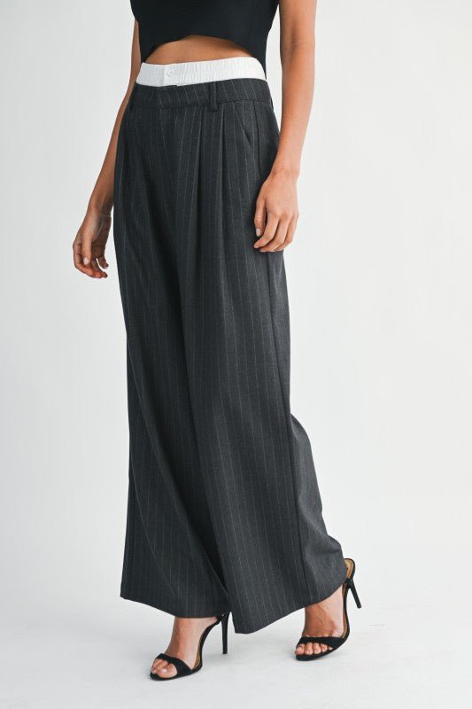 Pin Striped Wide Leg Pants With Elastic Waistband - LaRella