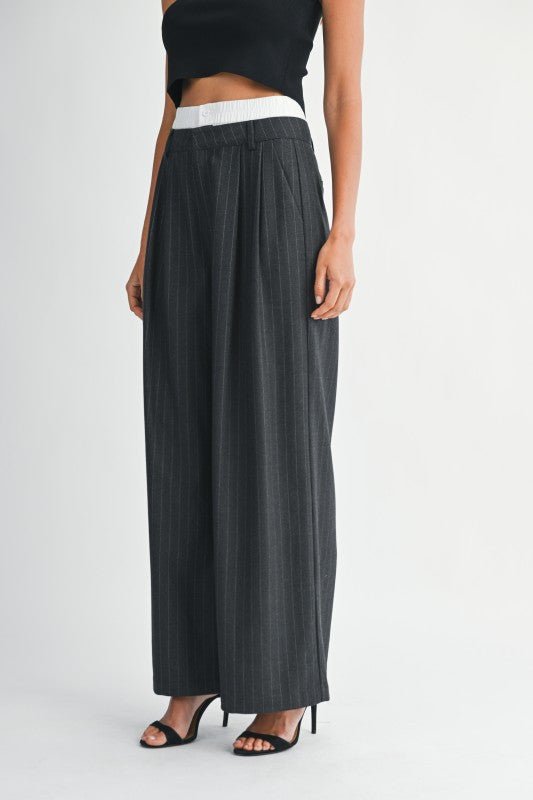 Pin Striped Wide Leg Pants With Elastic Waistband - LaRella