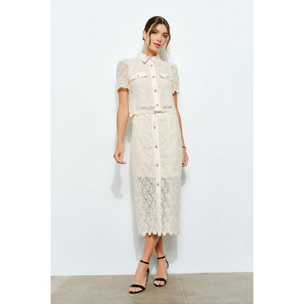 Puff Short Sleeve Pearl Button Lace Shirt - LaRella