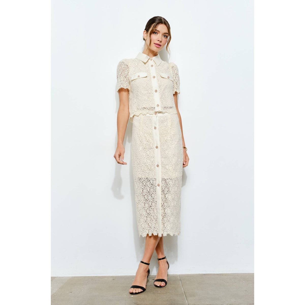 Puff Short Sleeve Pearl Button Lace Shirt - LaRella
