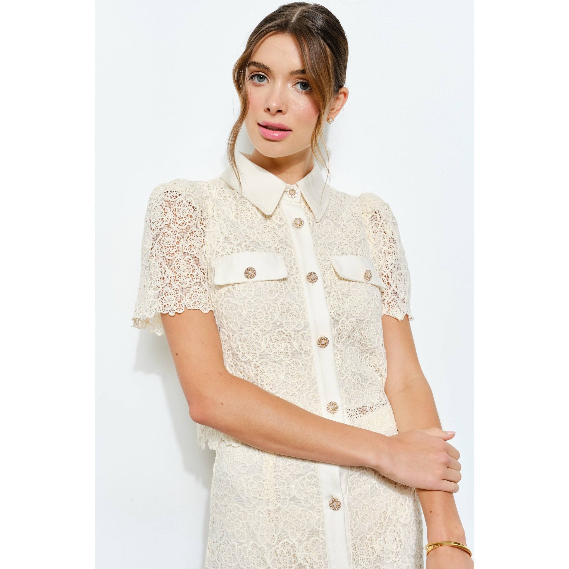 Puff Short Sleeve Pearl Button Lace Shirt - LaRella