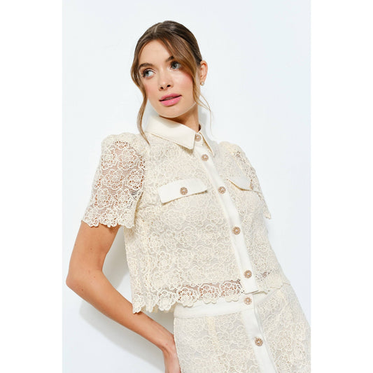 Puff Short Sleeve Pearl Button Lace Shirt - LaRella