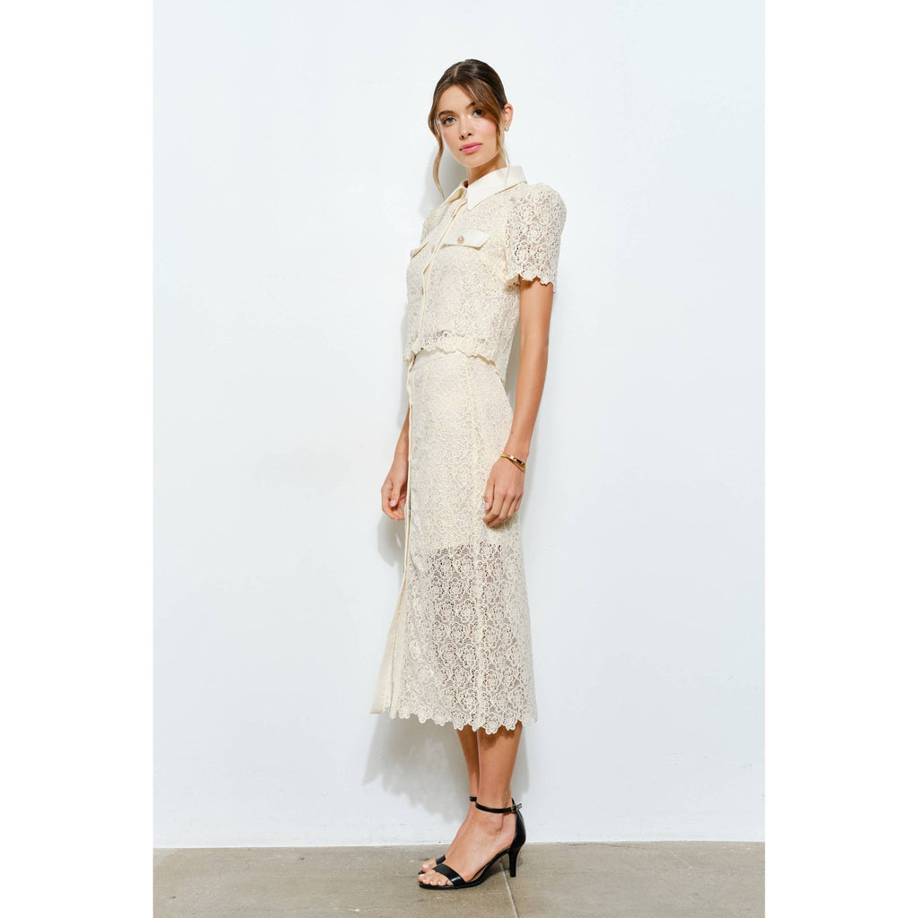 Puff Short Sleeve Pearl Button Lace Shirt - LaRella