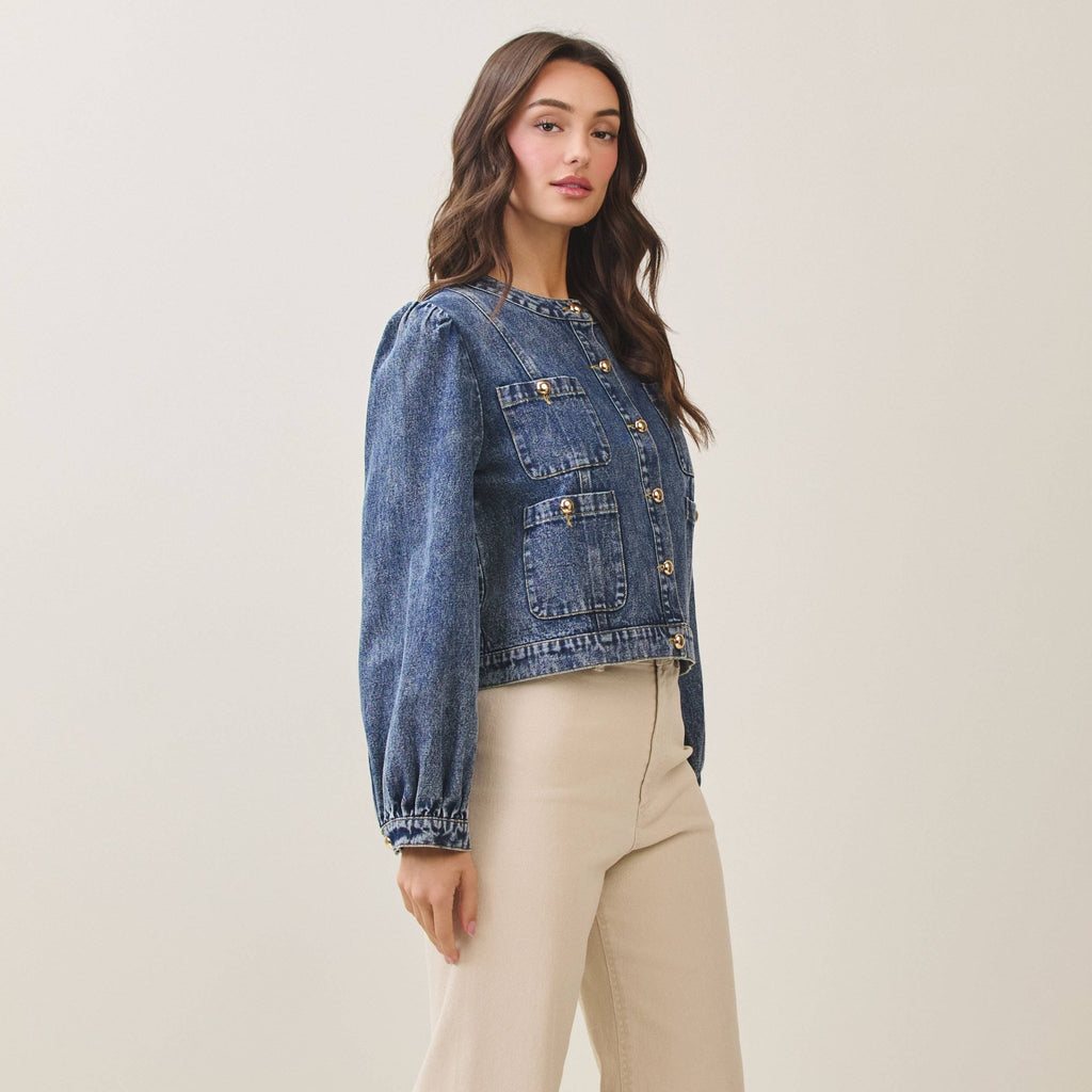 Puff sleeve washed denim jacket - La Rella