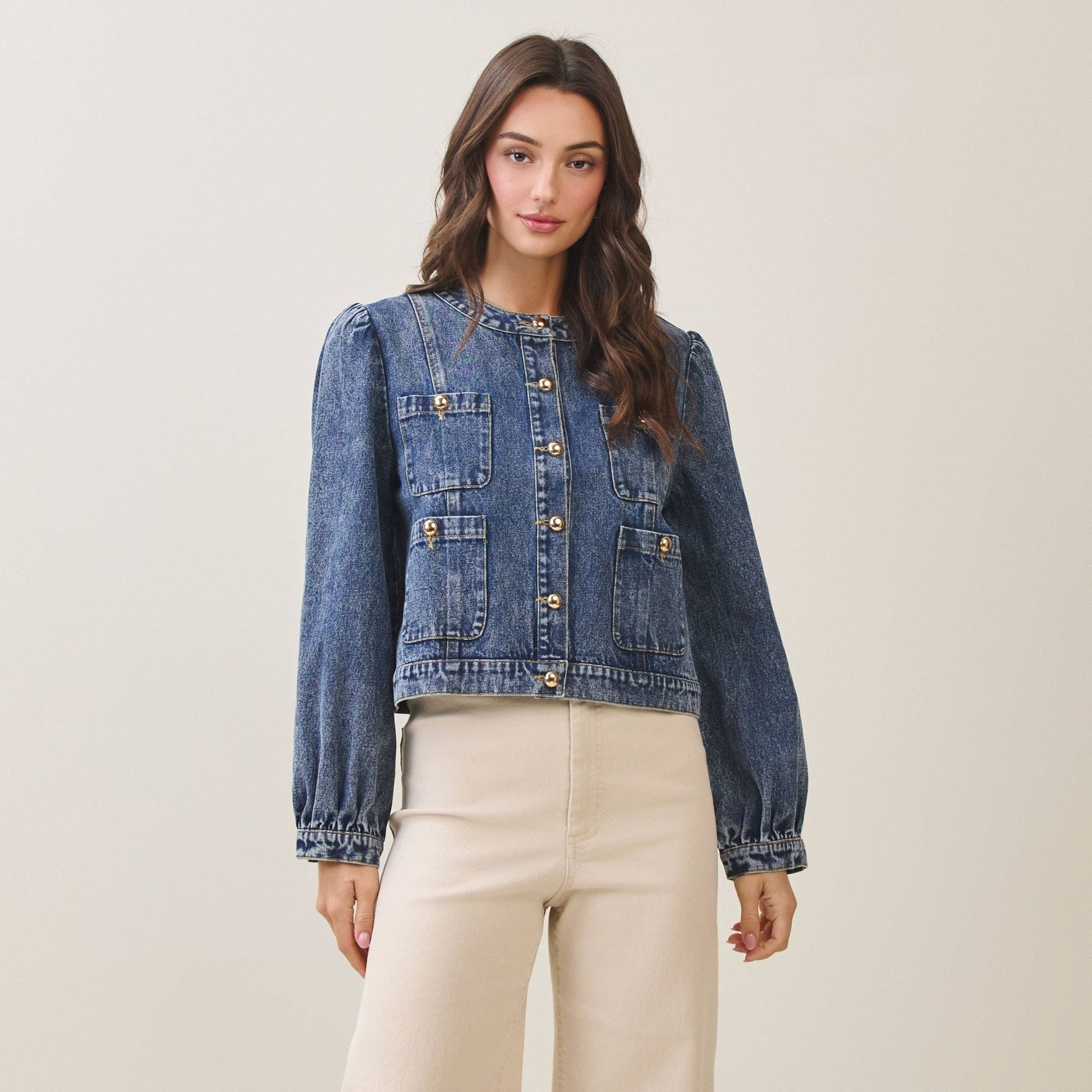 Puff sleeve washed denim jacket - La Rella