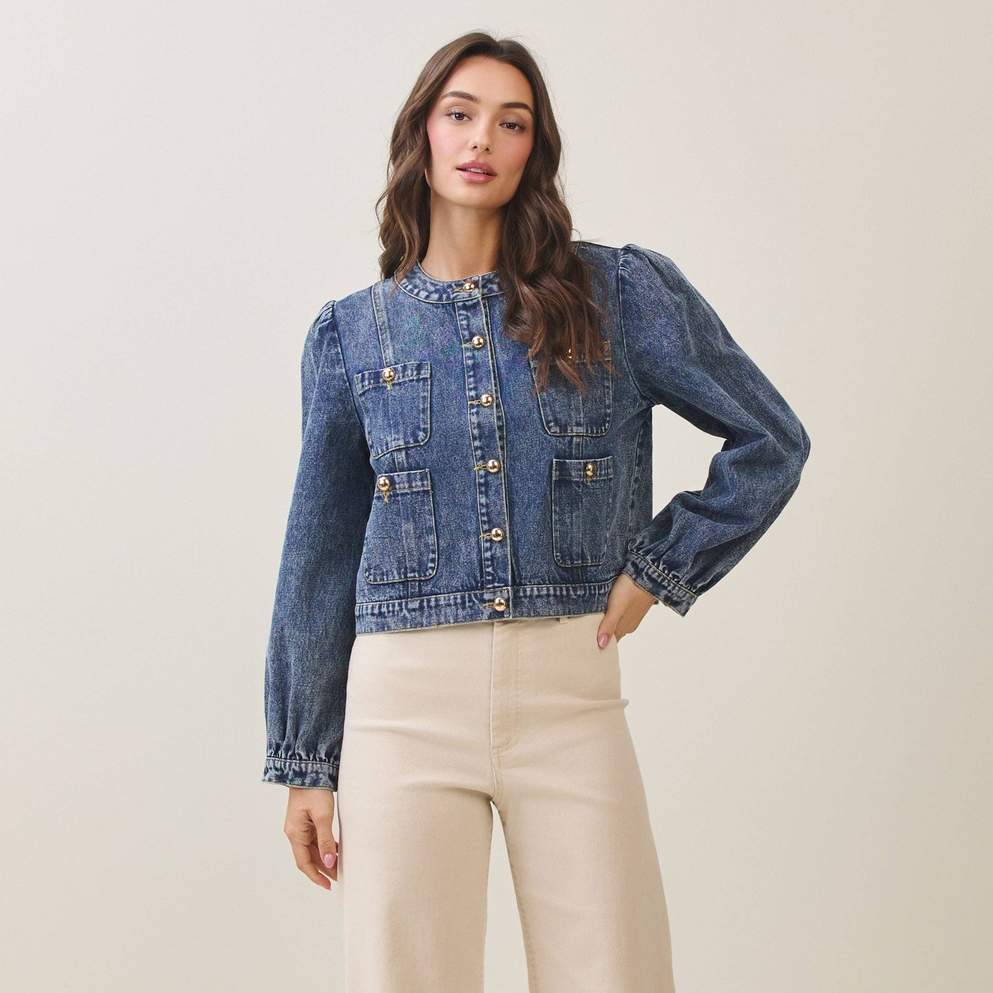 Puff sleeve washed denim jacket - La Rella