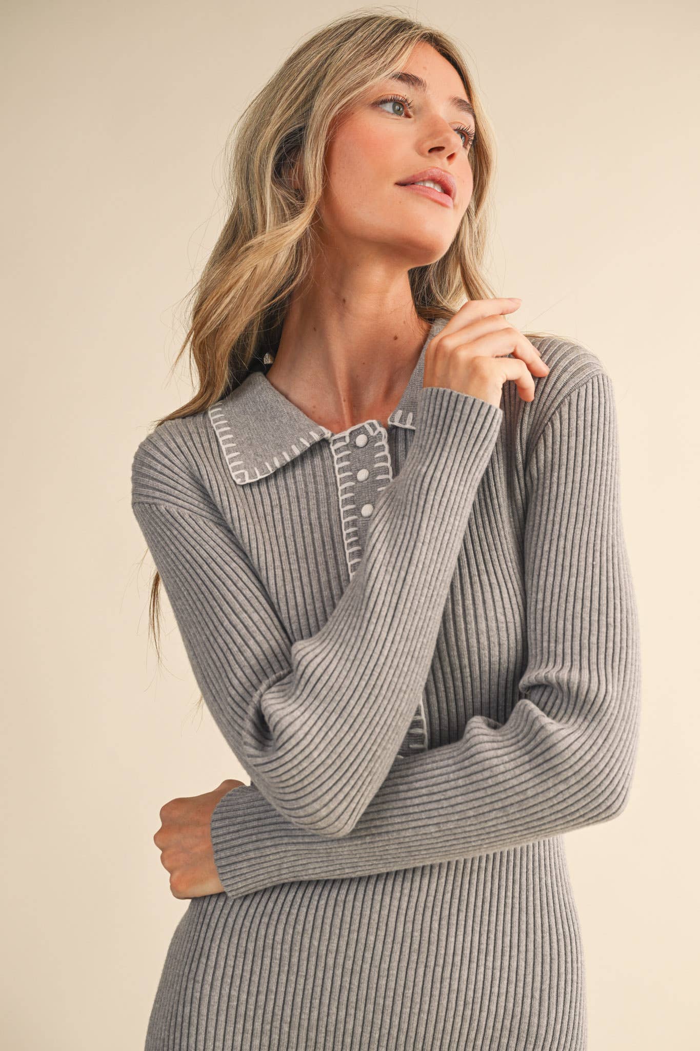 RIBBED SWEATER MIDI DRESS WITH CONTRAST STITCH MSW11232 - LaRella
