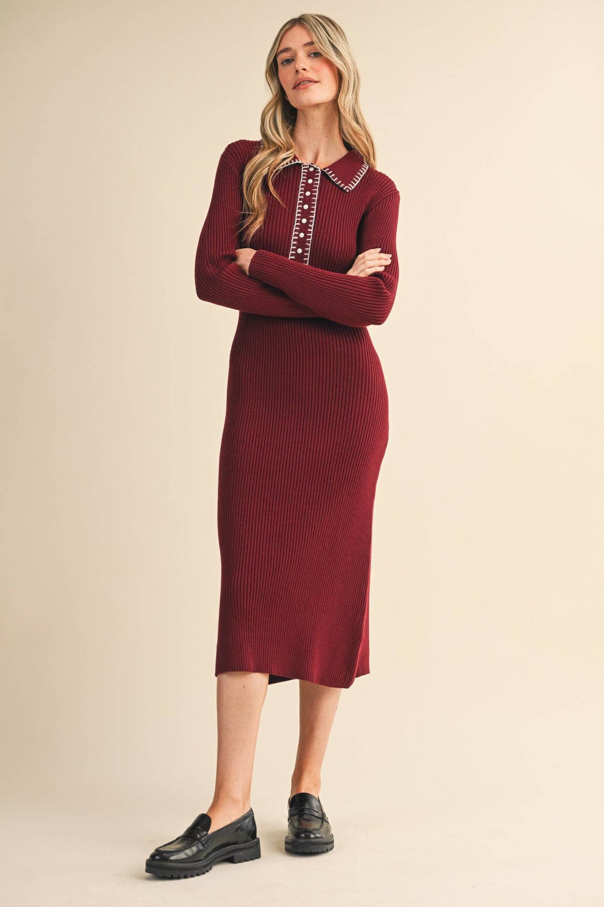 RIBBED SWEATER MIDI DRESS WITH CONTRAST STITCH MSW11232 - LaRella