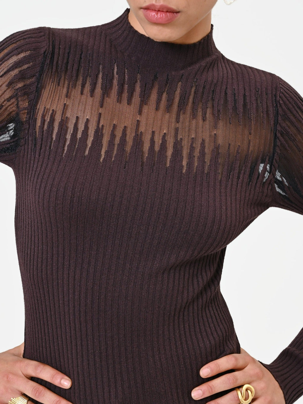 Rinascimento Brown Ribbed Mock-Neck Sweater - La Rella