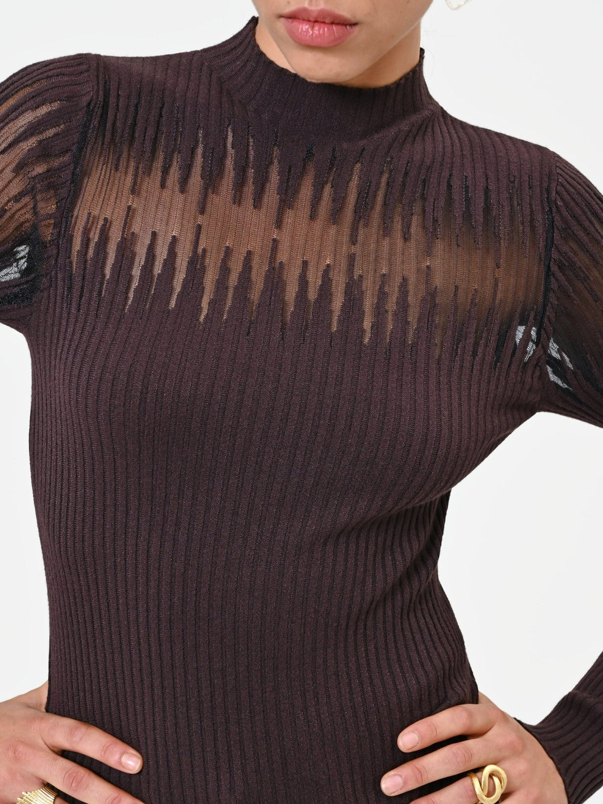 Rinascimento Brown Ribbed Mock-Neck Sweater - La Rella