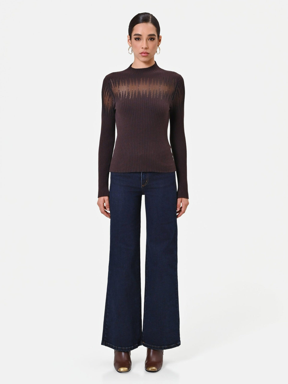 Rinascimento Brown Ribbed Mock-Neck Sweater - La Rella