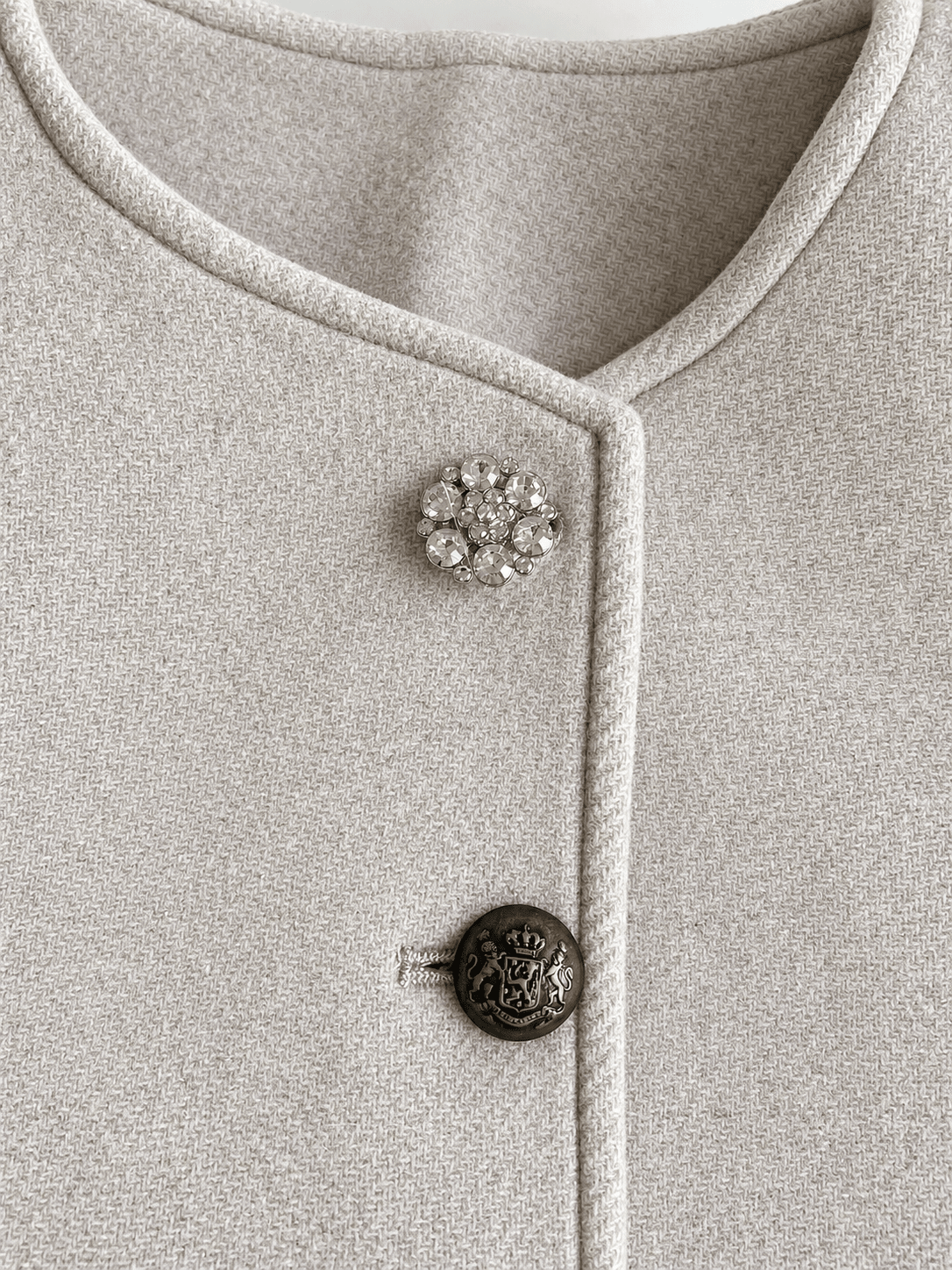 Sculpted Collarless Jacket with Jeweled Buttons - La Rella