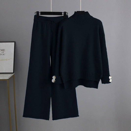 Semi High Neck Thick Sweater Pants Set - LaRella