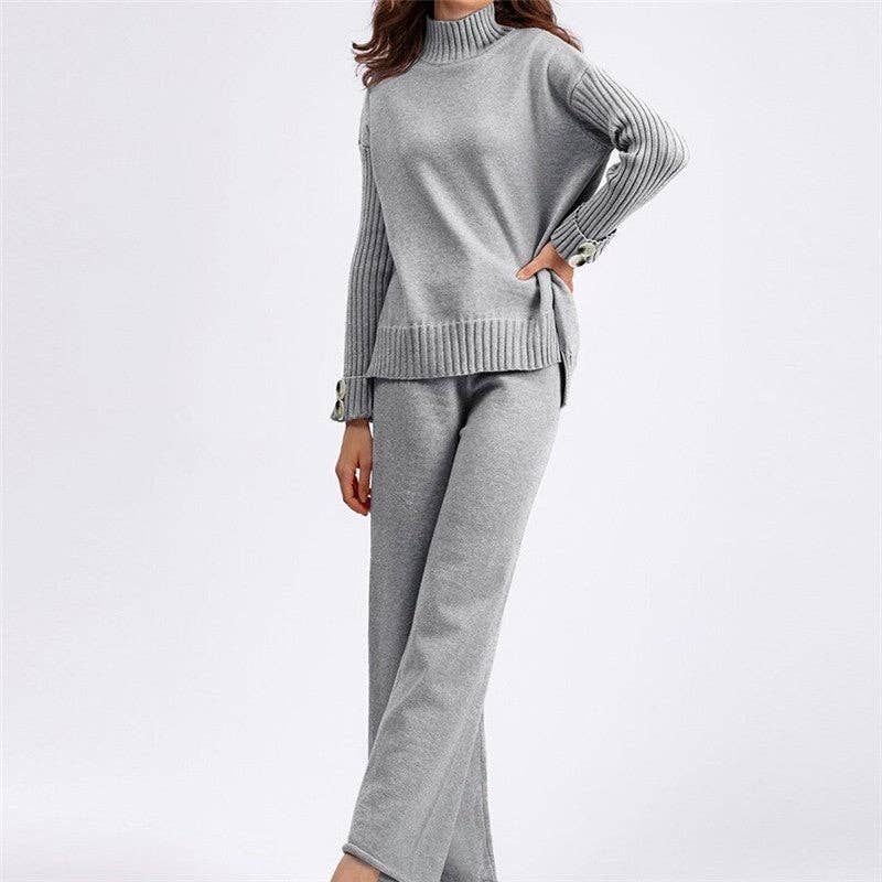 Semi High Neck Thick Sweater Pants Set - LaRella