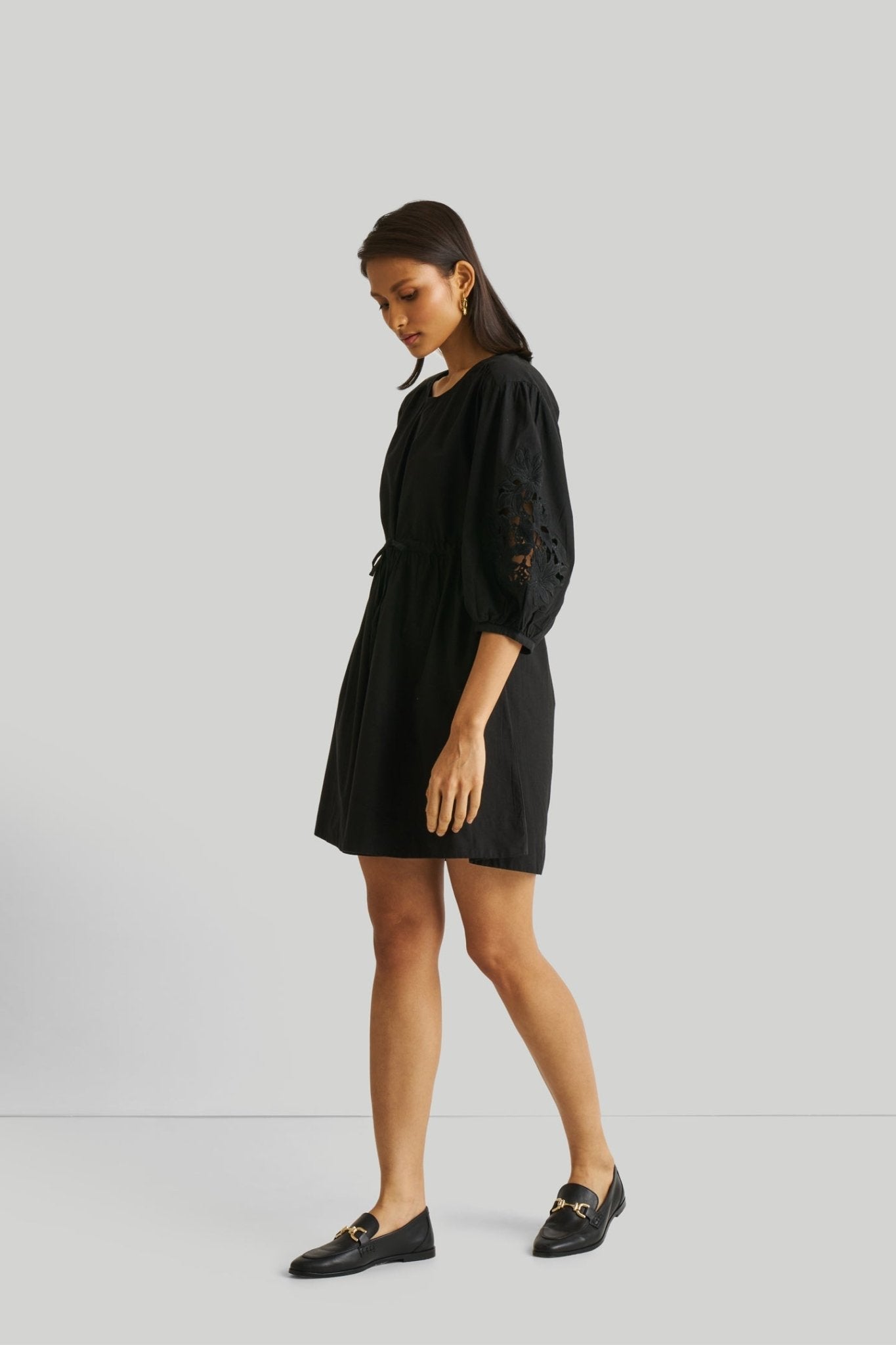 Shirt Dress with Balloon Sleeves in Black - LaRella
