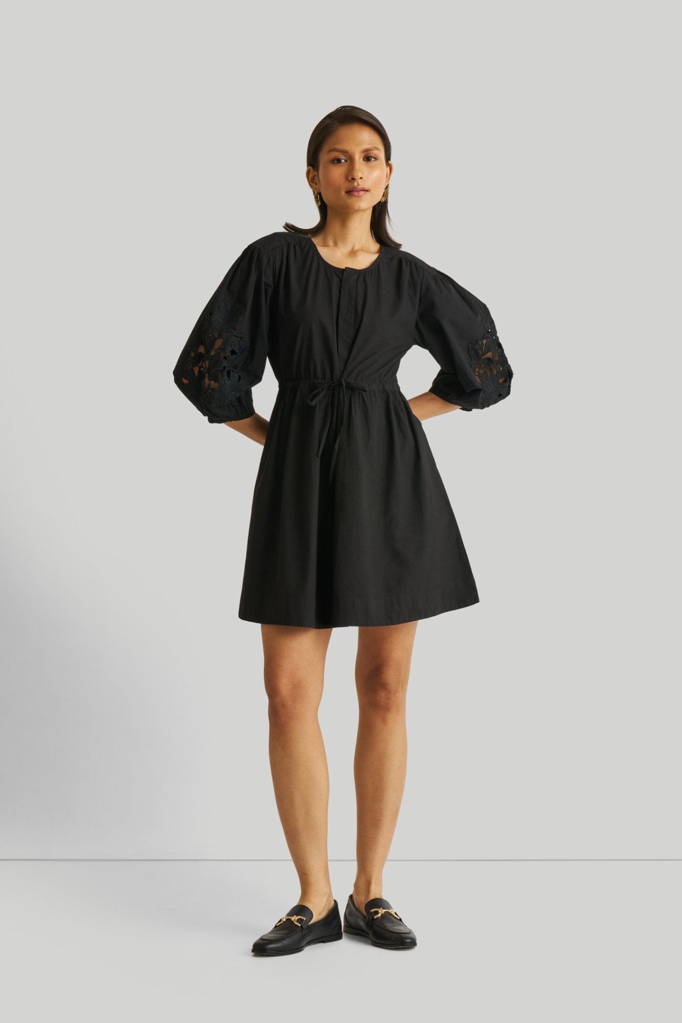 Shirt Dress with Balloon Sleeves in Black - LaRella