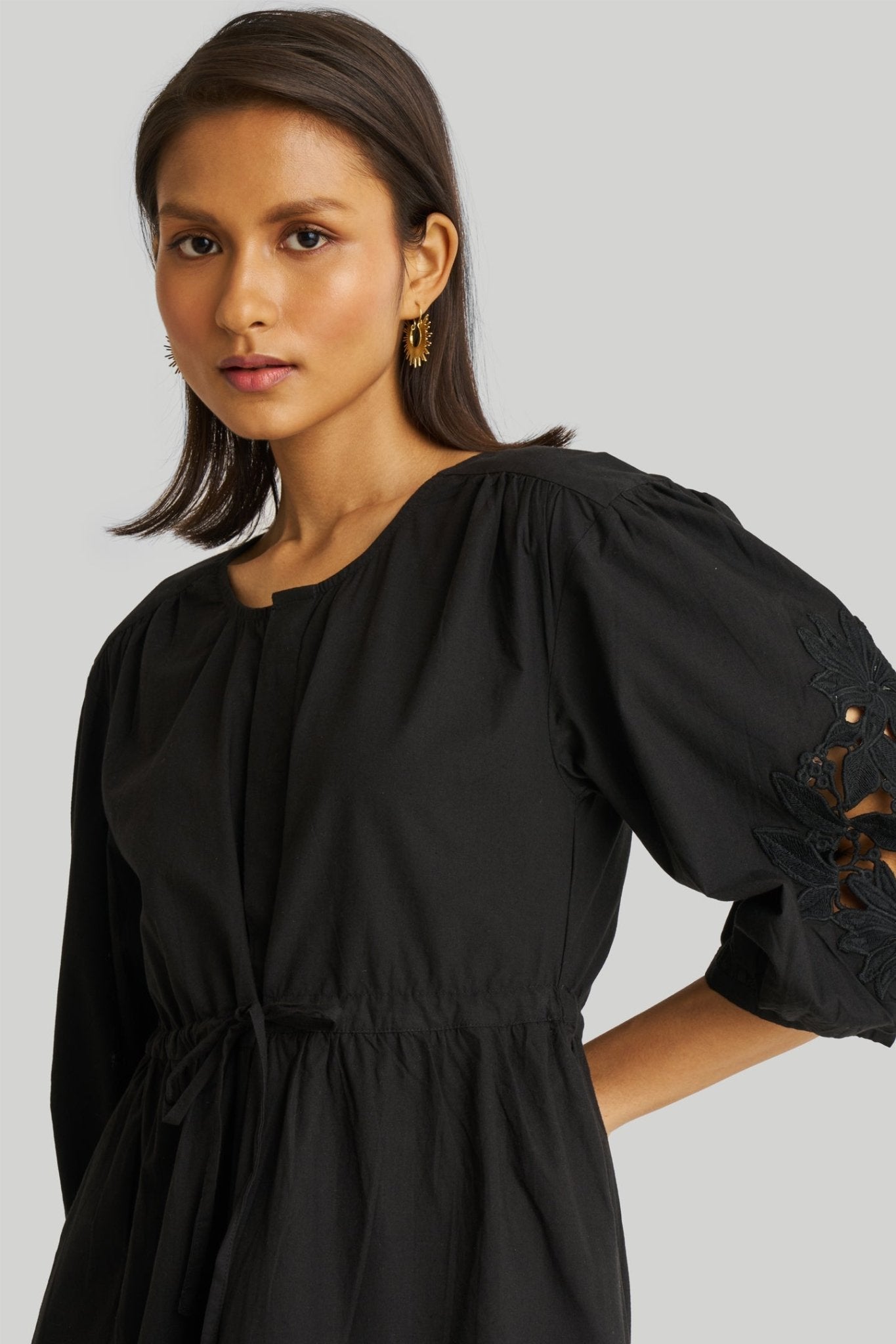 Shirt Dress with Balloon Sleeves in Black - LaRella
