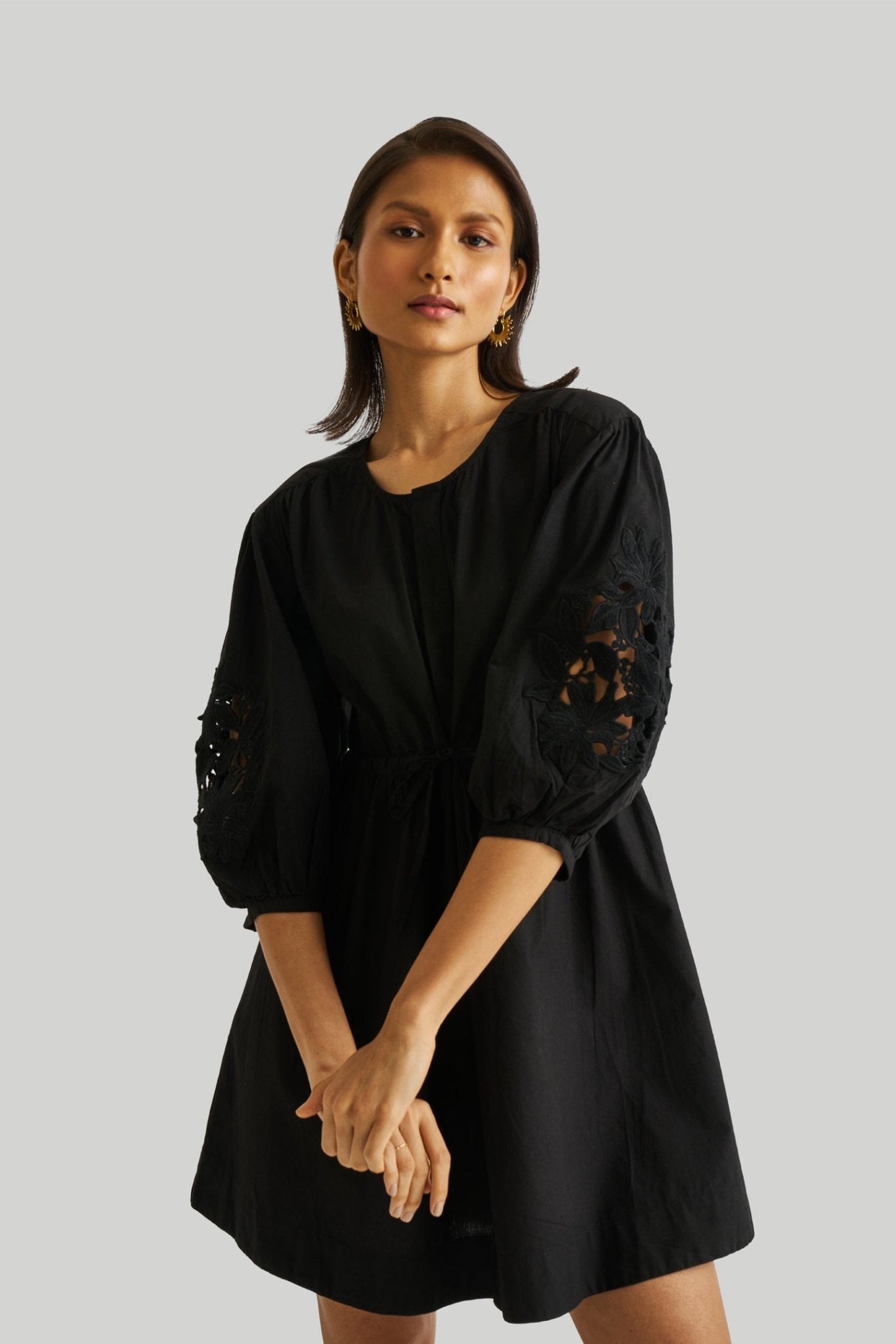 Shirt Dress with Balloon Sleeves in Black - LaRella