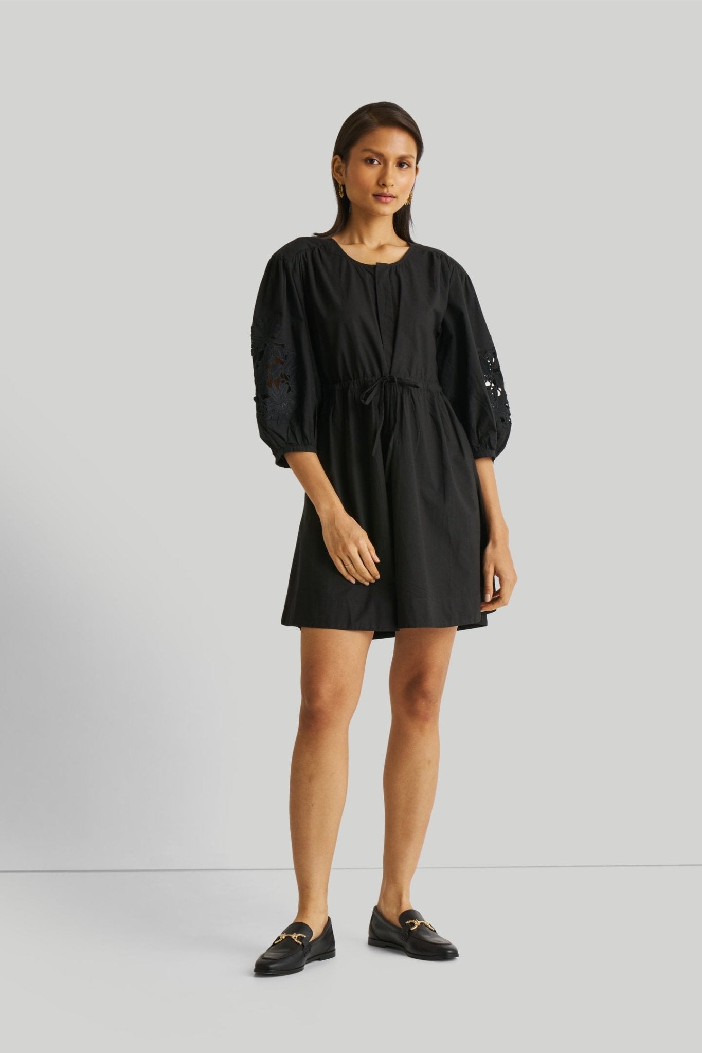 Shirt Dress with Balloon Sleeves in Black - LaRella
