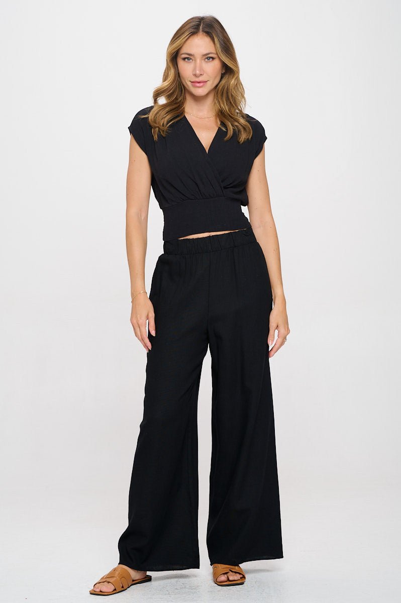 Solid Linen V neck Crop Top w Smock Back Detail - LaRella