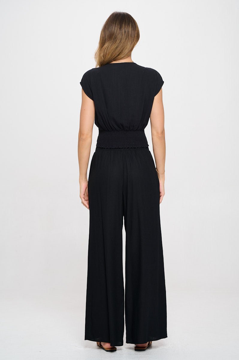 Solid Linen V neck Crop Top w Smock Back Detail - LaRella