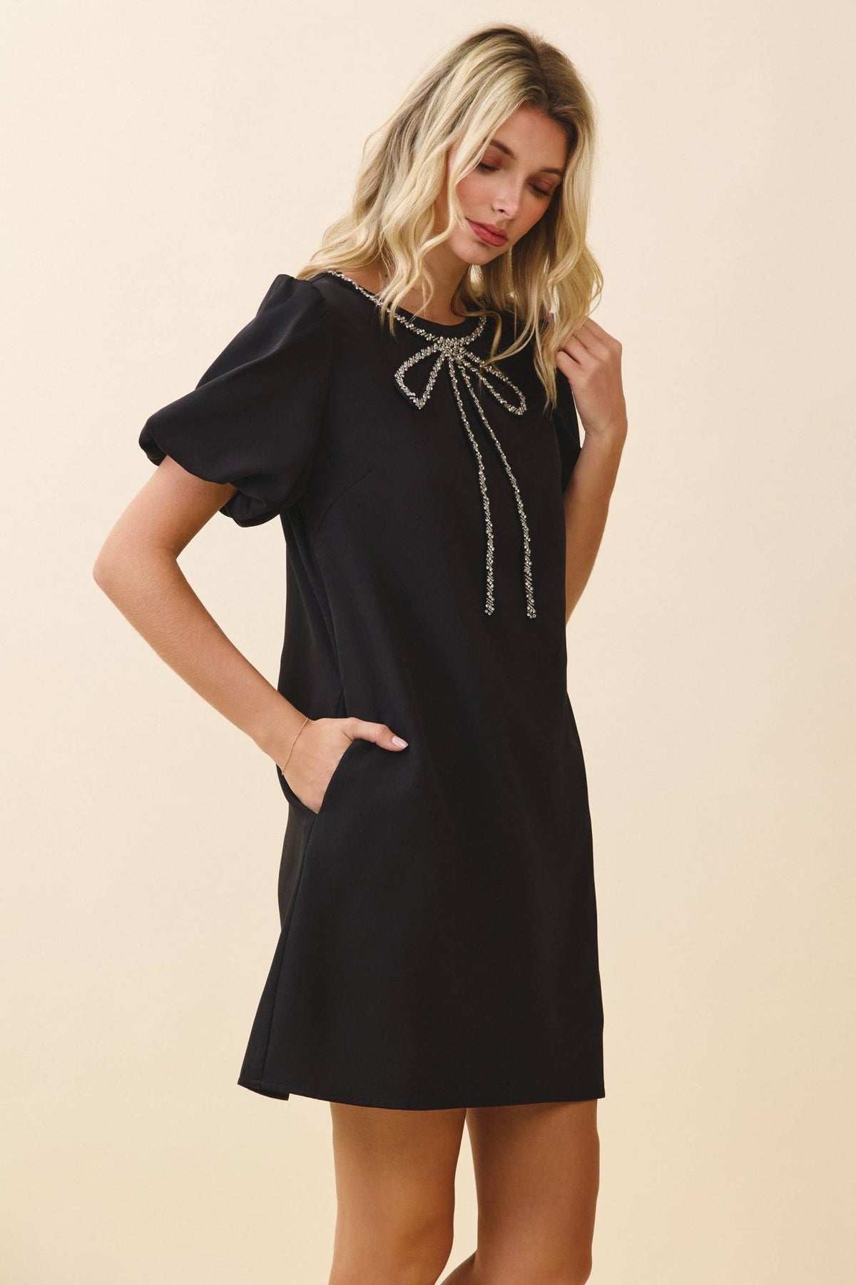 Sparkling Crystal Bow Trim A Line Mini Dress - LaRella