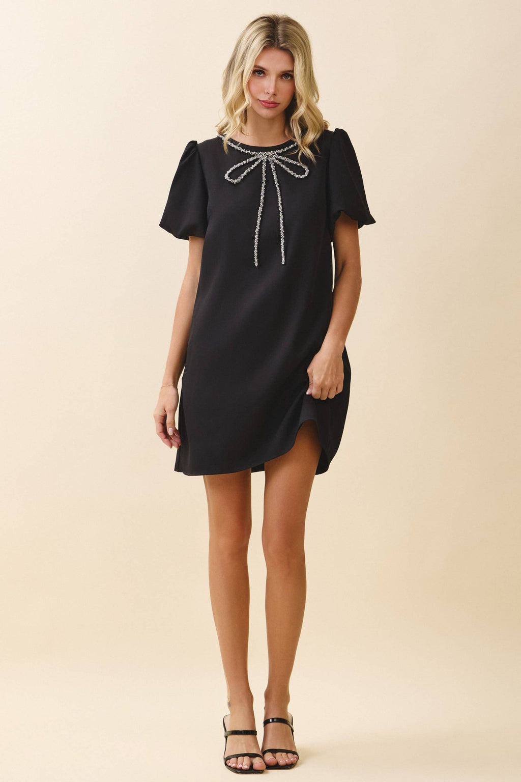 Sparkling Crystal Bow Trim A Line Mini Dress - LaRella