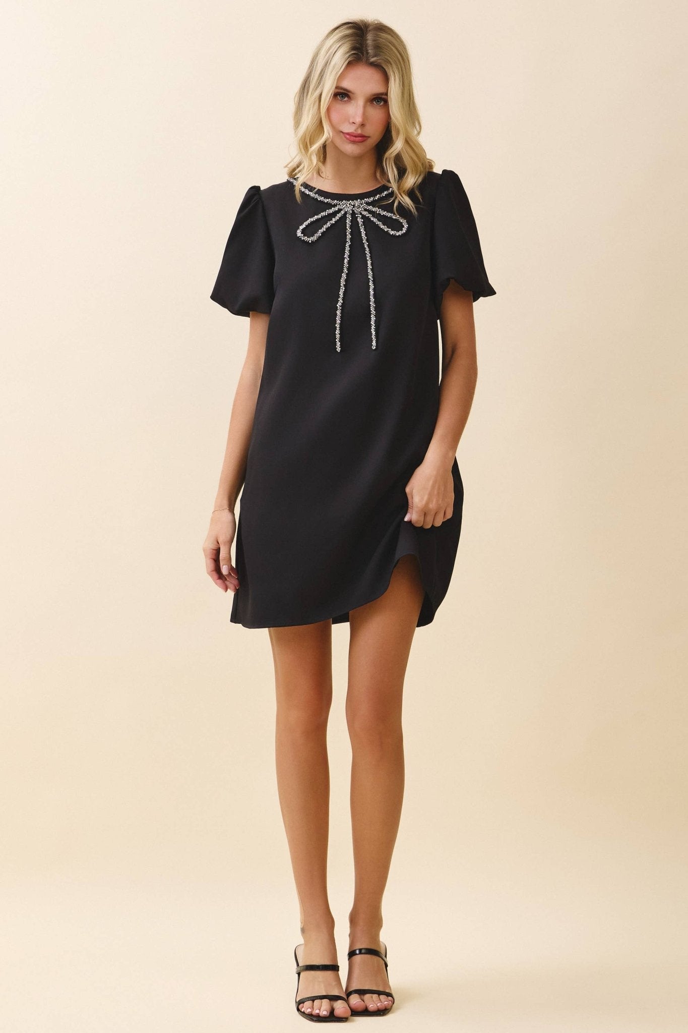 Sparkling Crystal Bow Trim A Line Mini Dress - LaRella