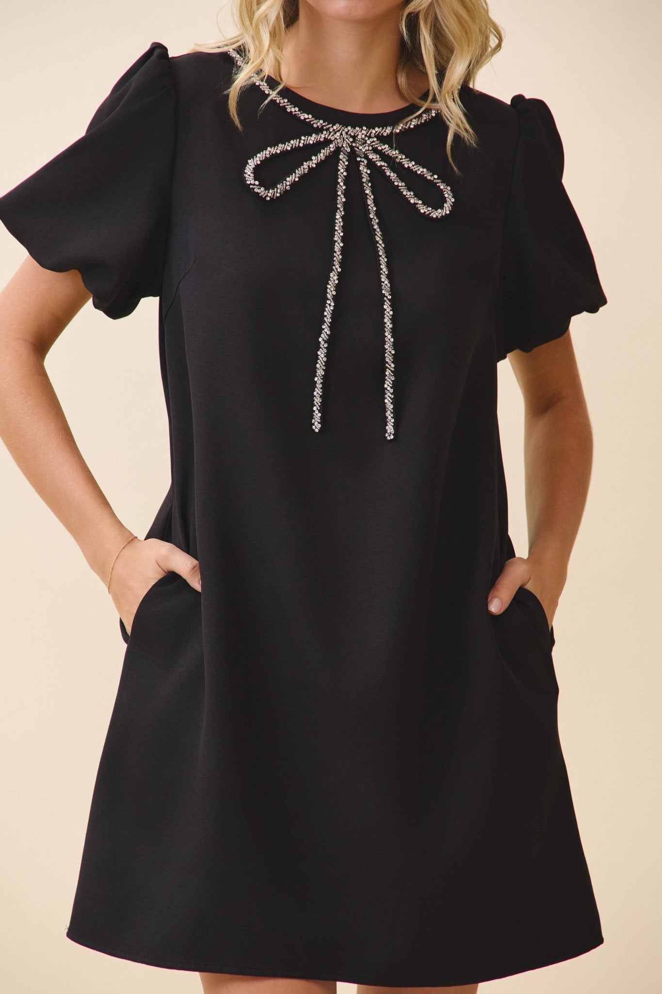 Sparkling Crystal Bow Trim A Line Mini Dress - LaRella